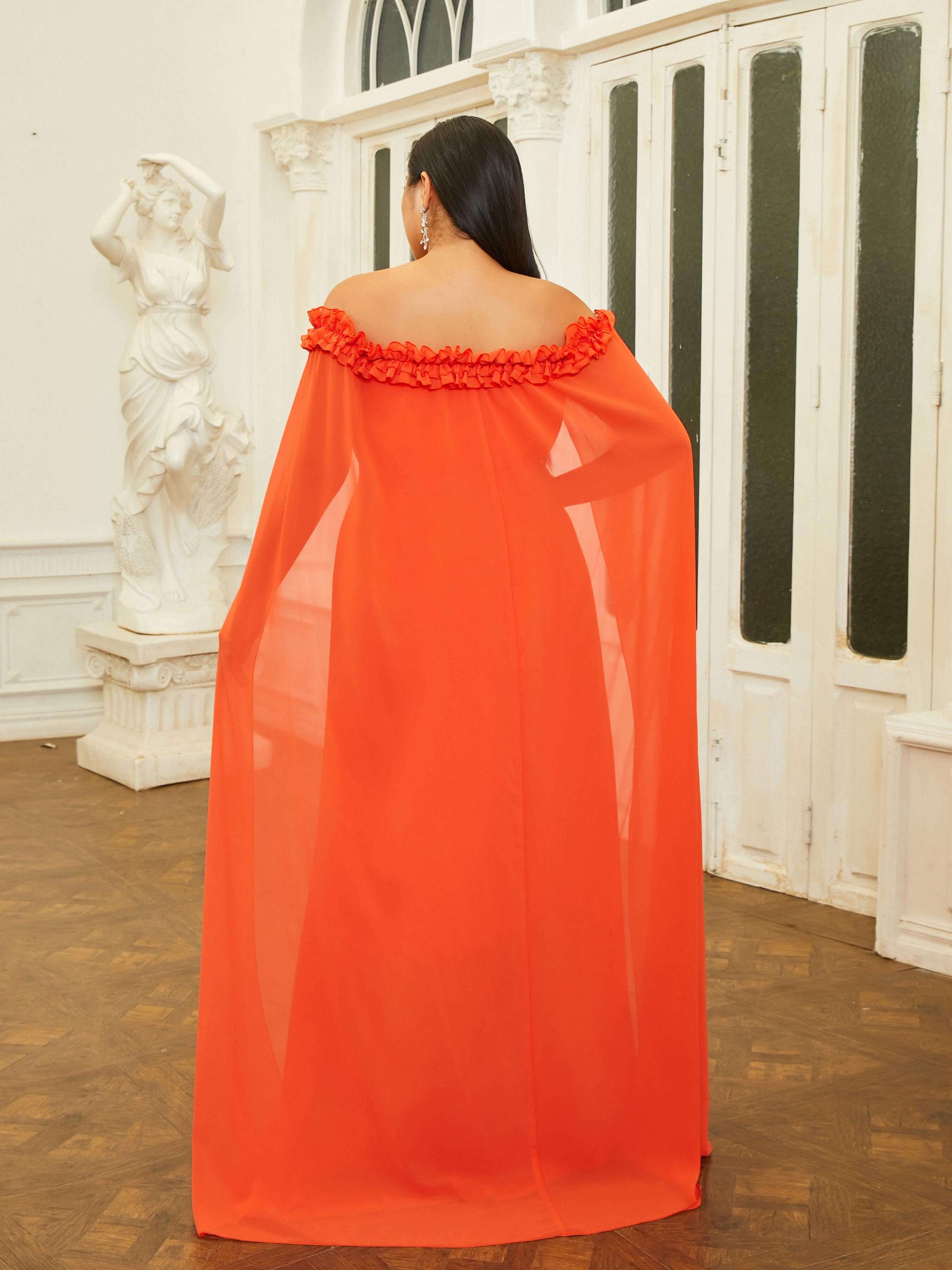 Plus Size Cape Sleeve Backless Off Shoulder Prom Dress PRJ11017
