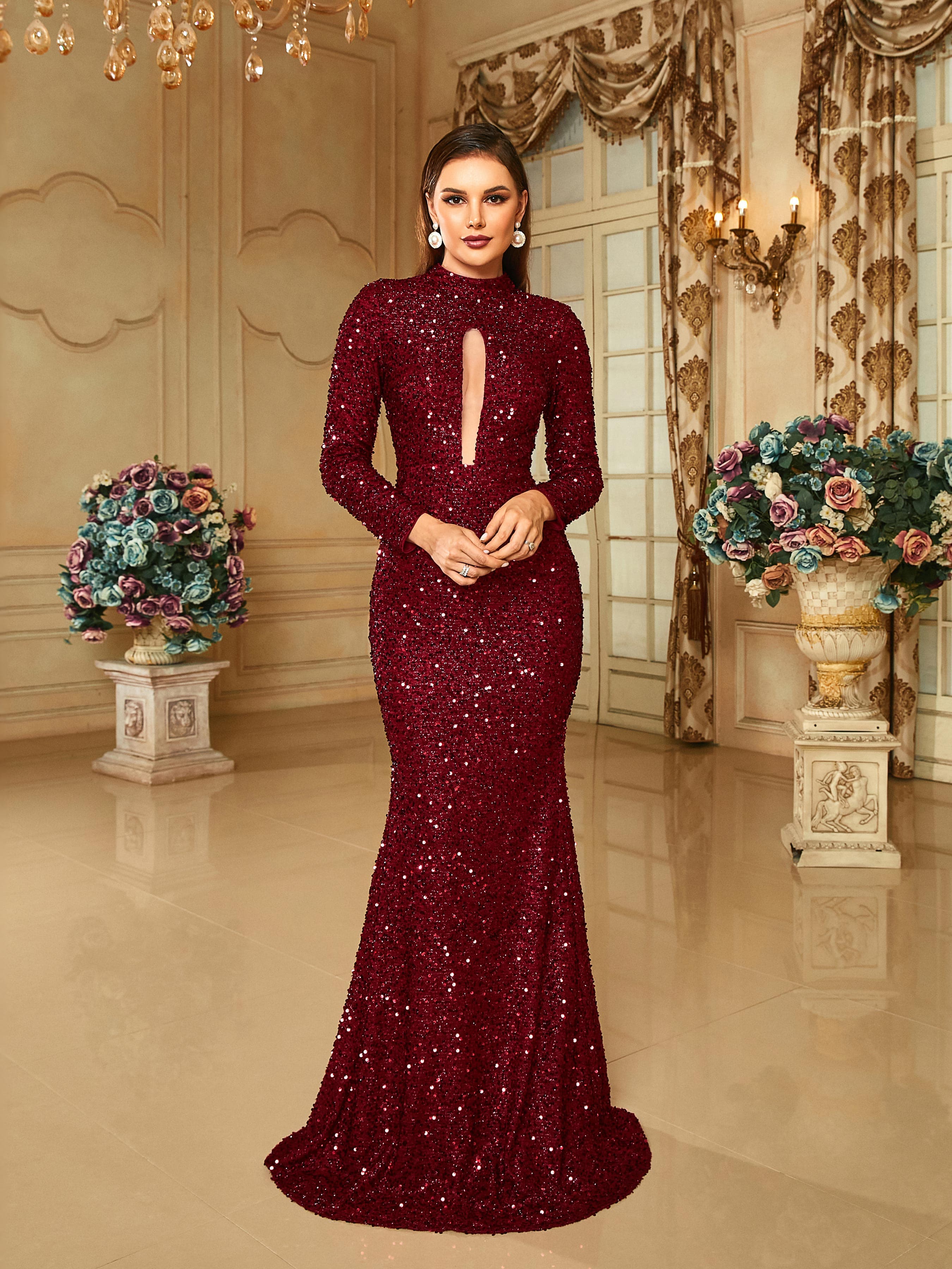 Crew Collar Cutout Sequin Mermaid Wine Prom Dress RM20650