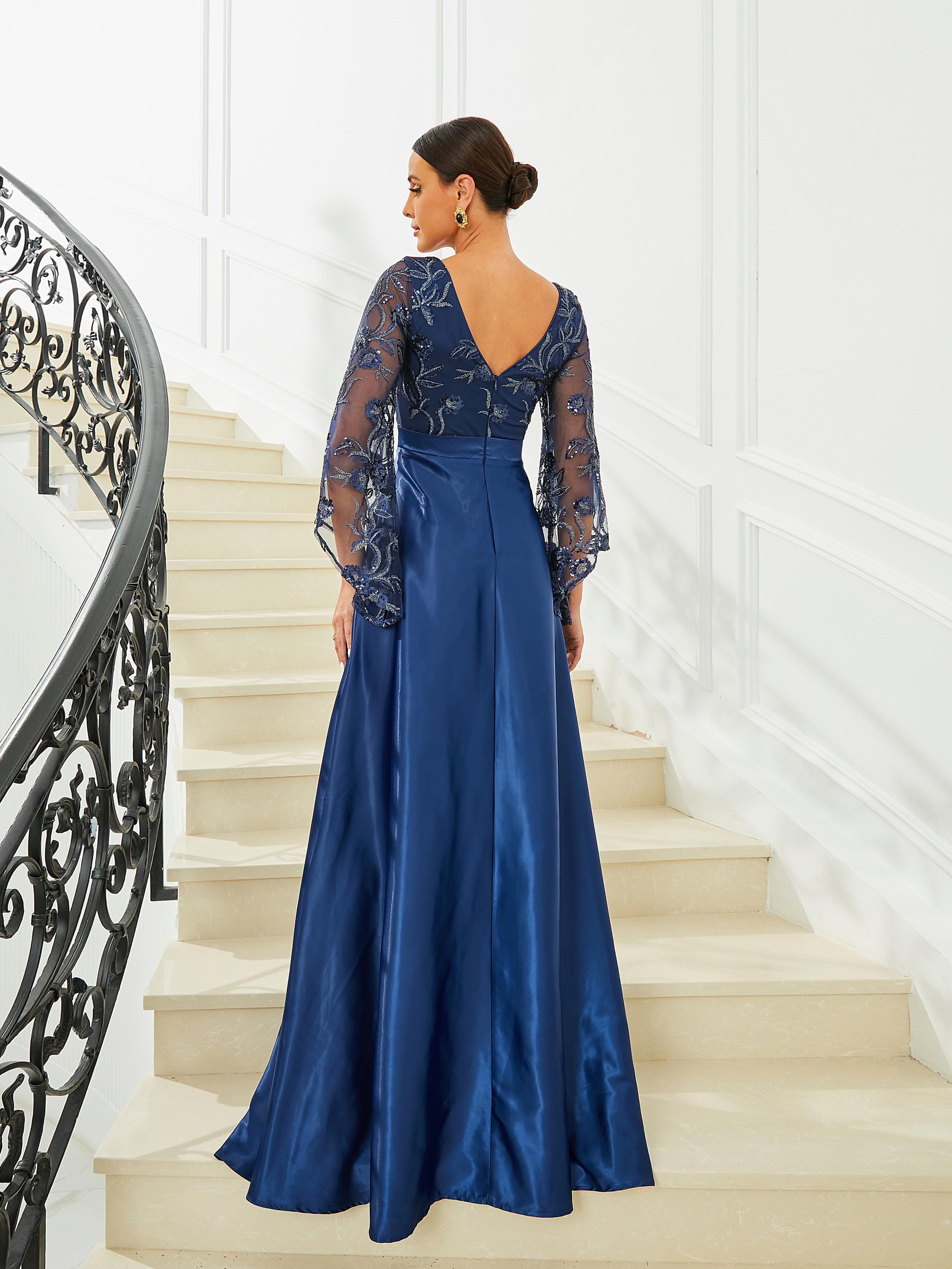 Formal A-Line Bell Sleeve Satin Blue Prom Dress RJ10439