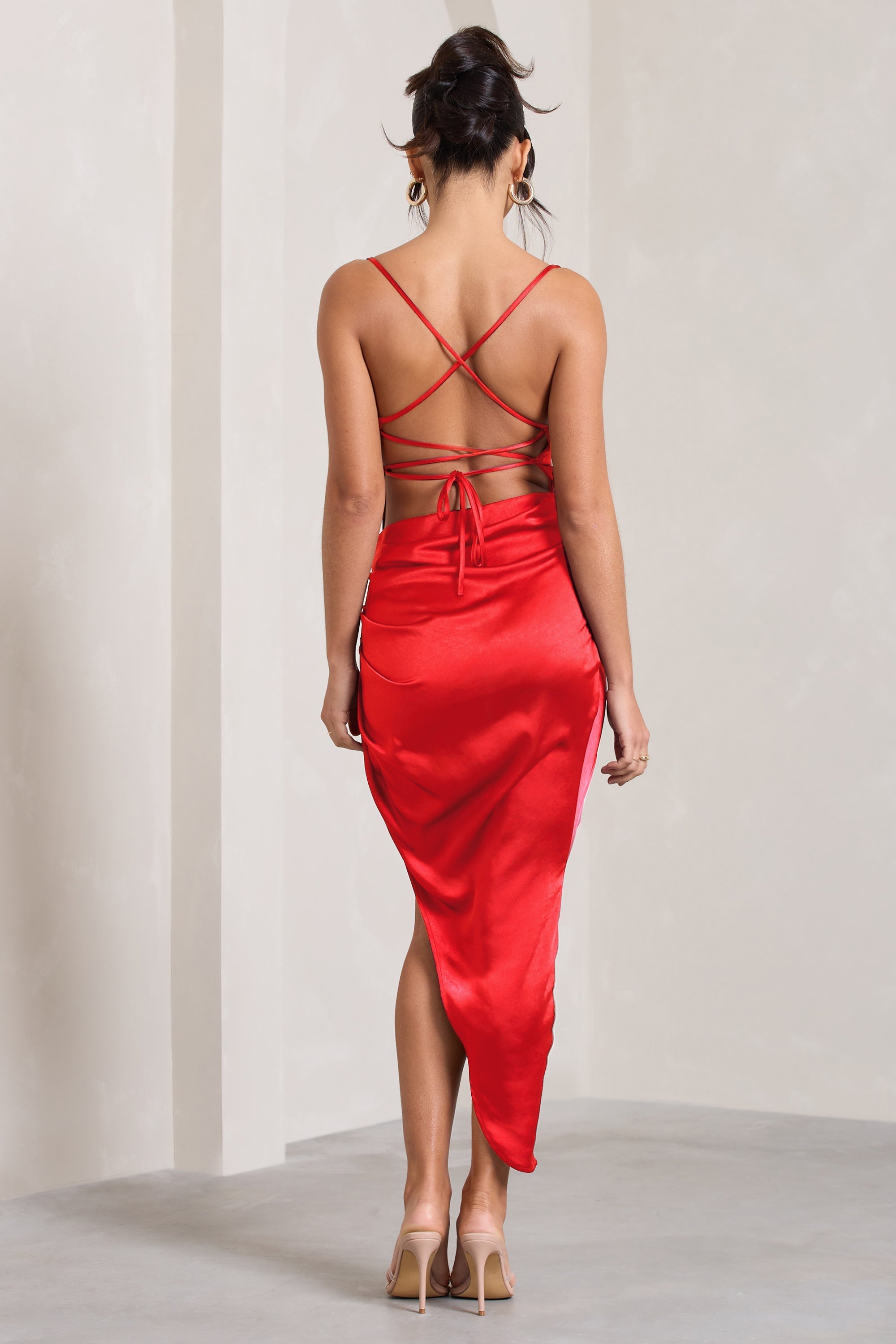 Risk It All Red Cami Cowl Neck Satin Asymmetric Hem Midi Dress
