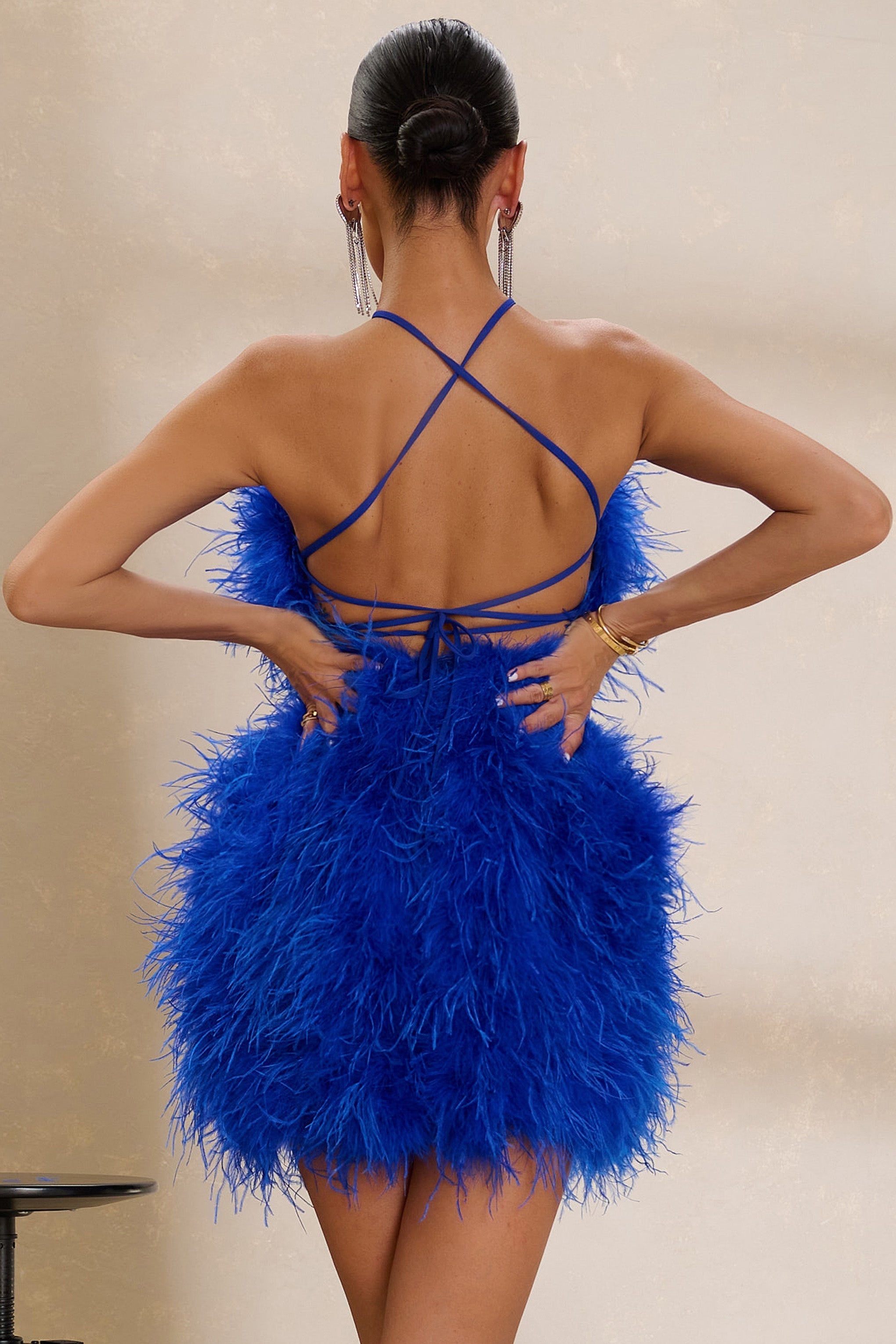 Power Up Cobalt Blue Feather Halter Neck Mini Dress