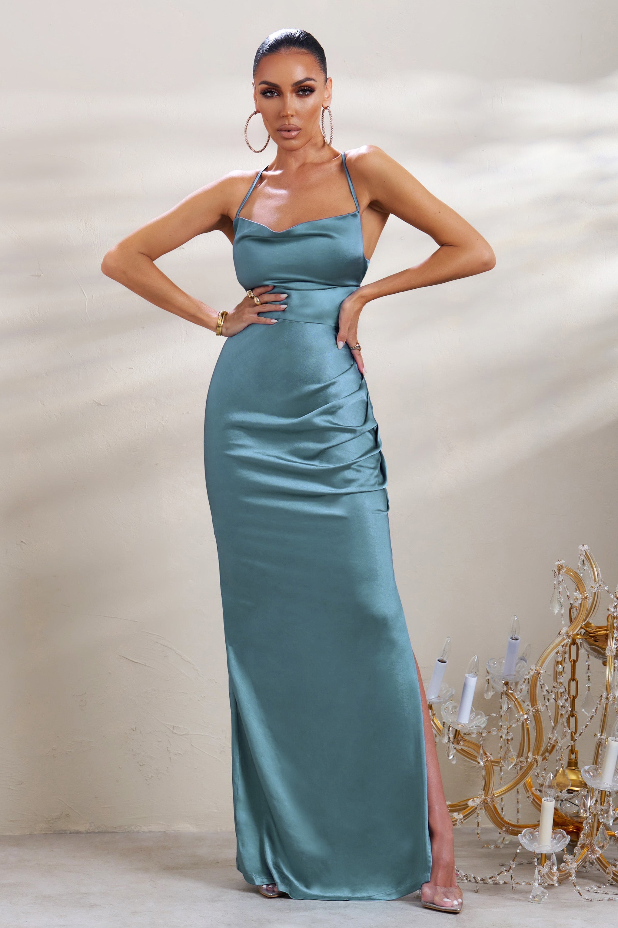 A-List Blue Satin Cowl Maxi Dress With Thigh Split