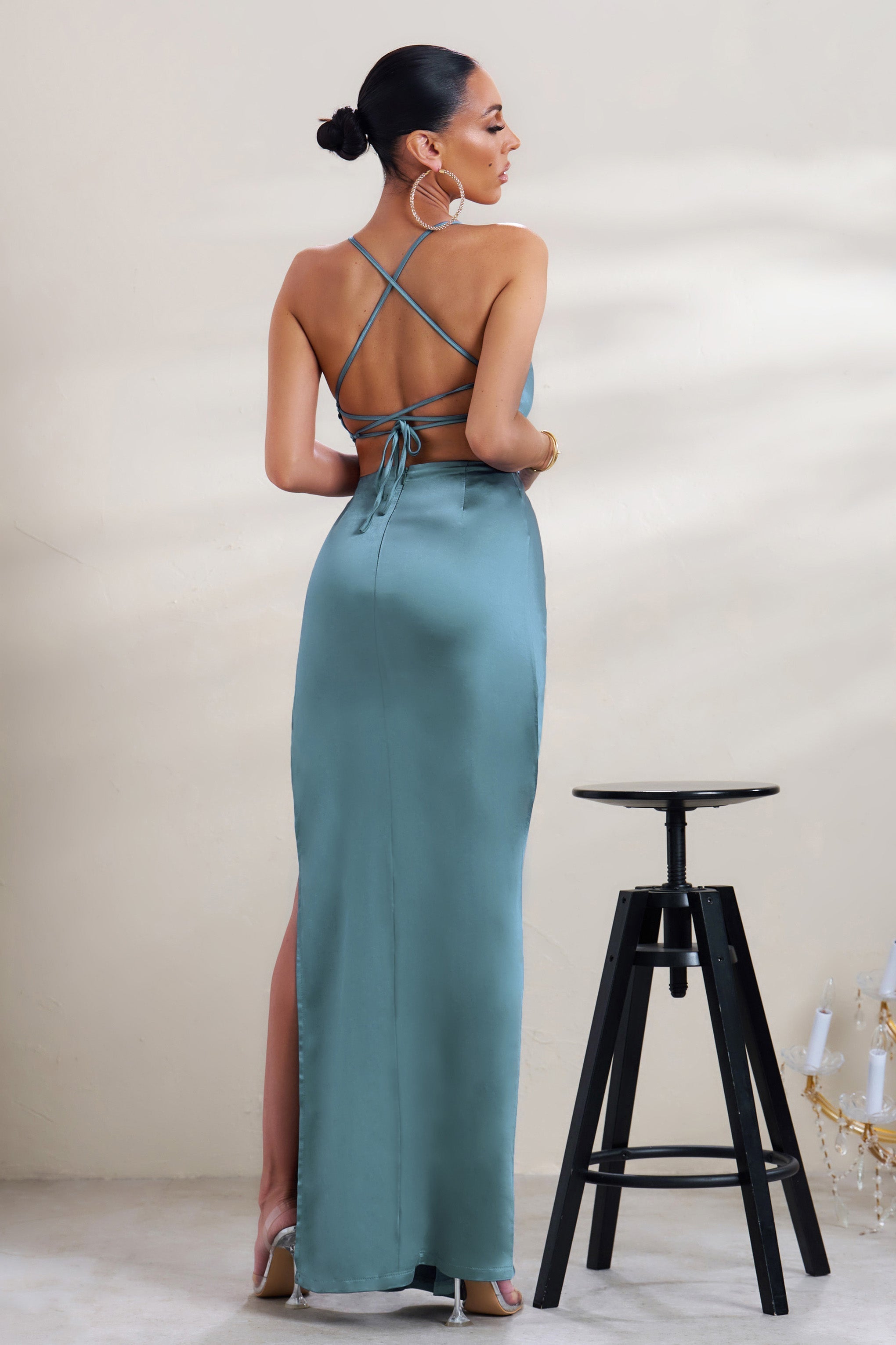 A-List Blue Satin Cowl Maxi Dress With Thigh Split
