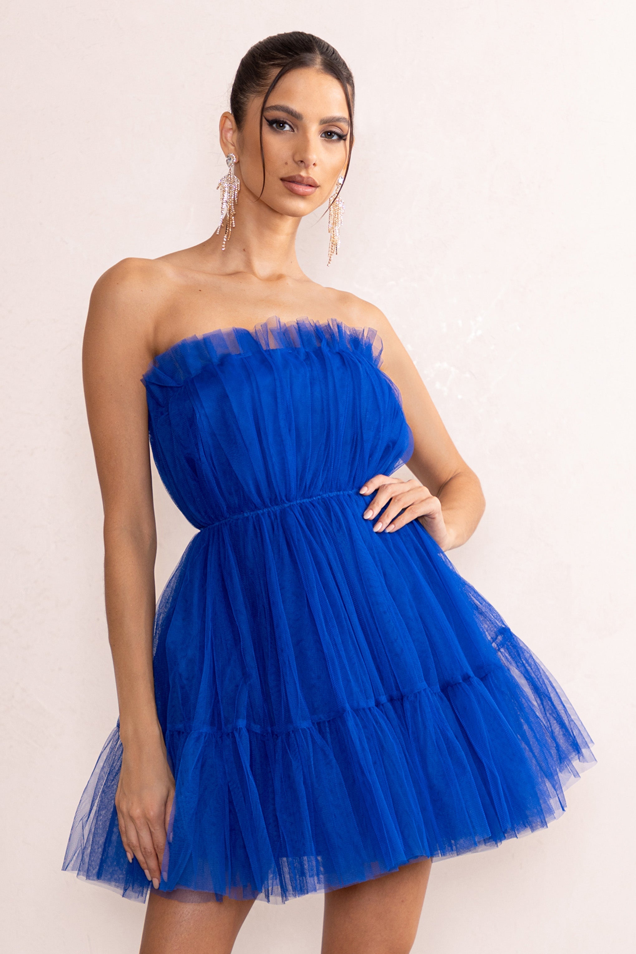 Aella Cobalt Blue Bandeau Volume Pleated Tulle Mini Dress