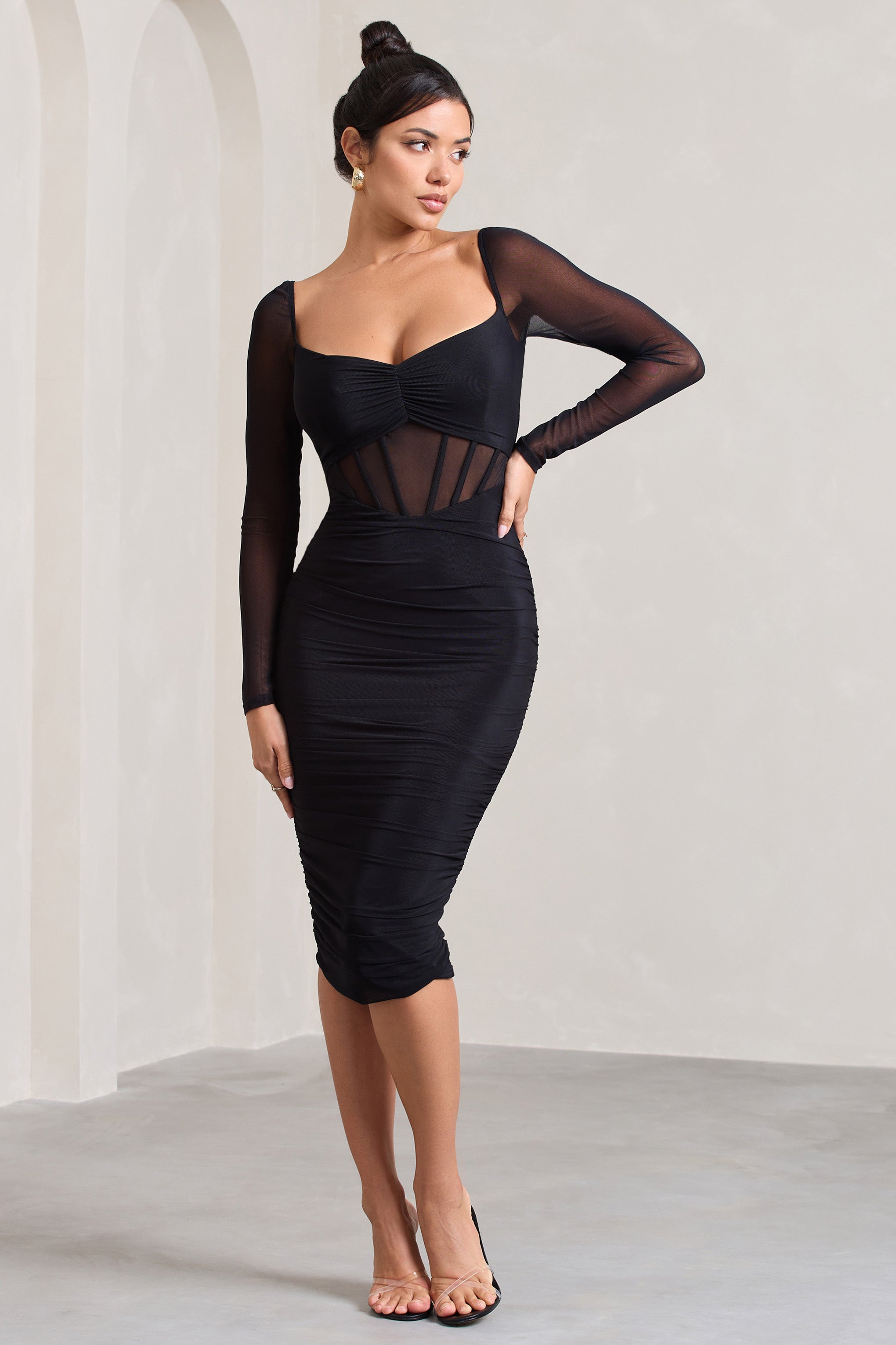 Abiba Black Ruched Front Corset Midi Dress With Long Sleeves