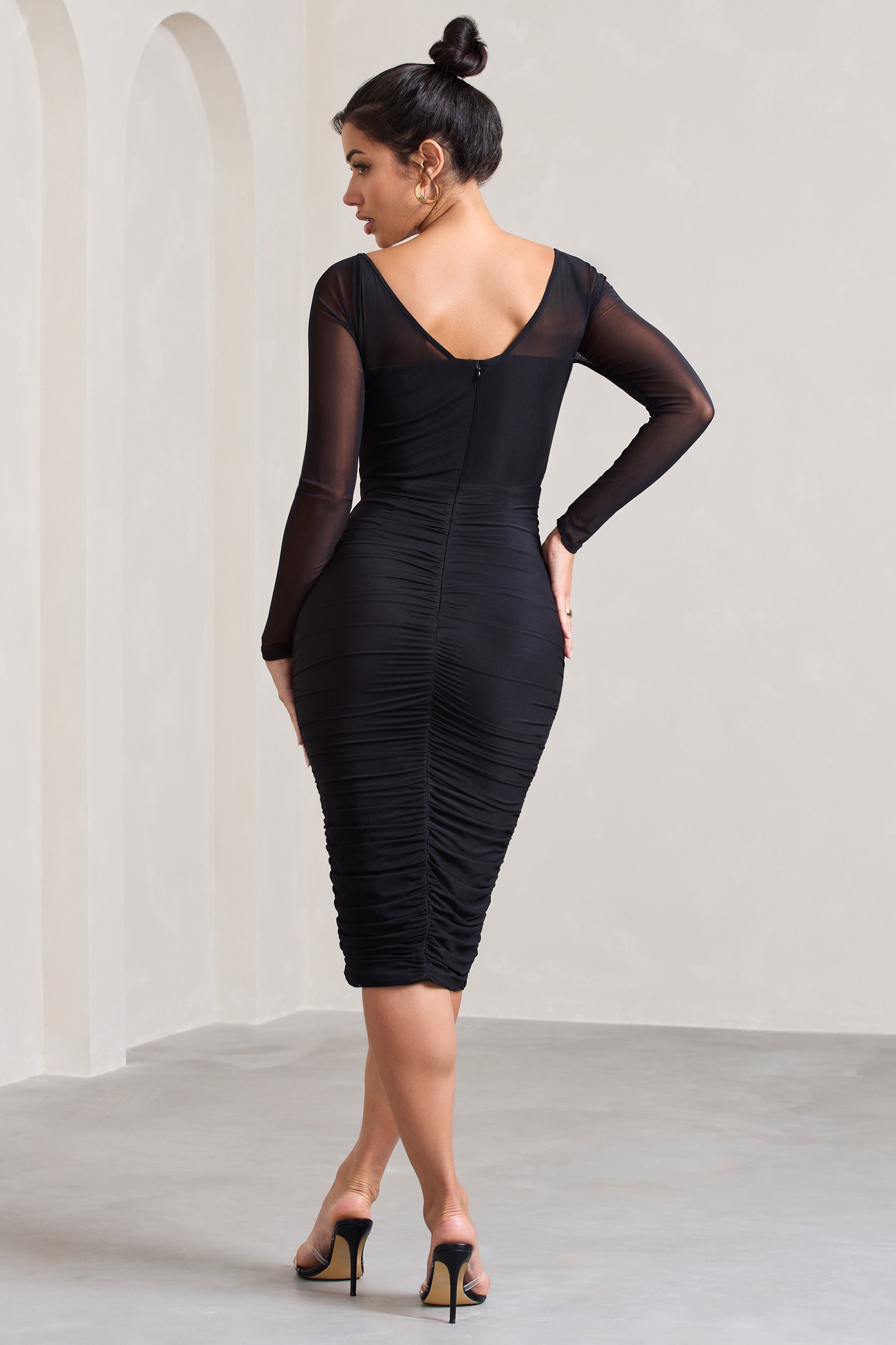 Abiba Black Ruched Front Corset Midi Dress With Long Sleeves