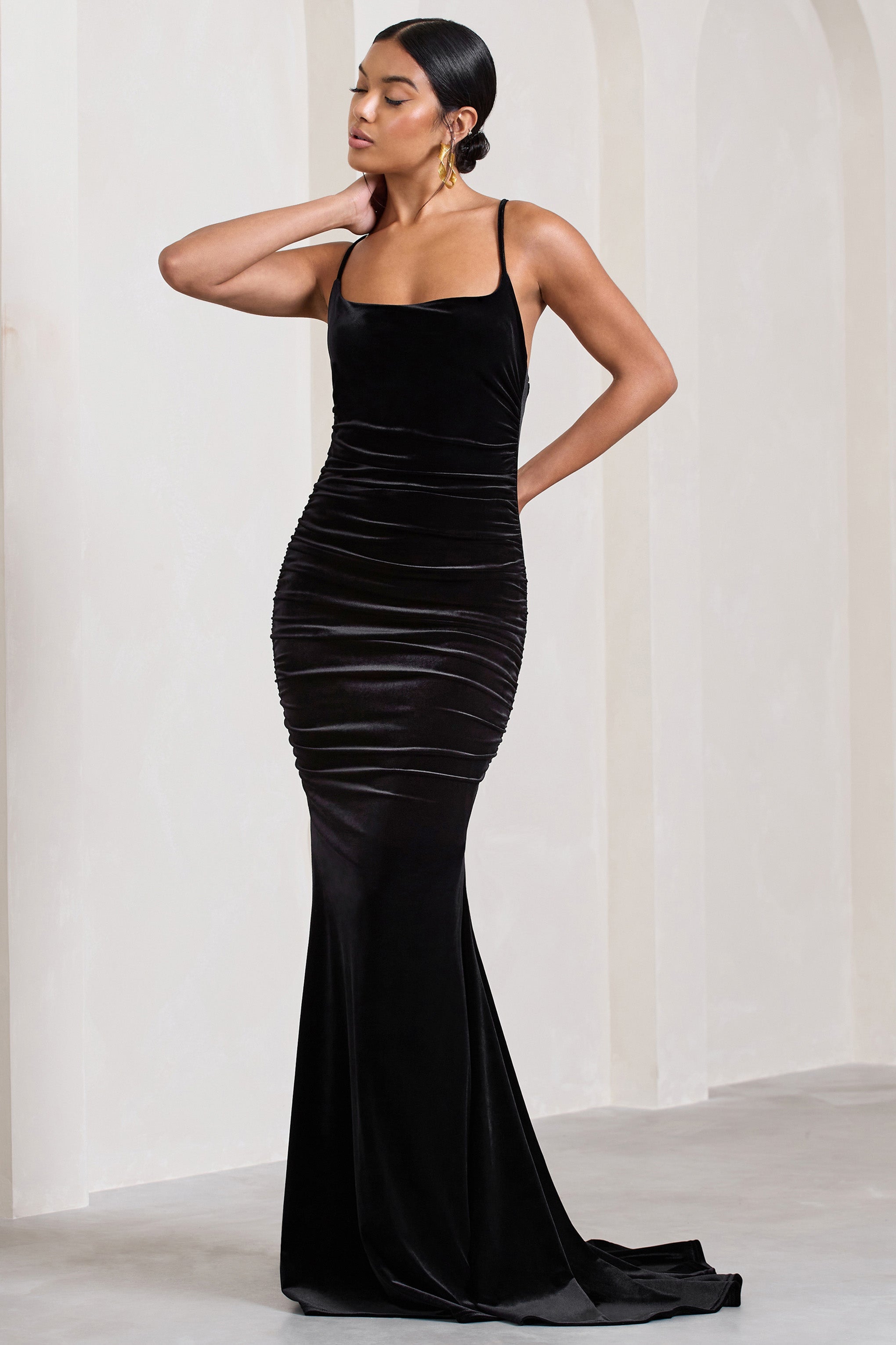 Adele Black Velvet Ruched Strappy Fishtail Maxi Dress