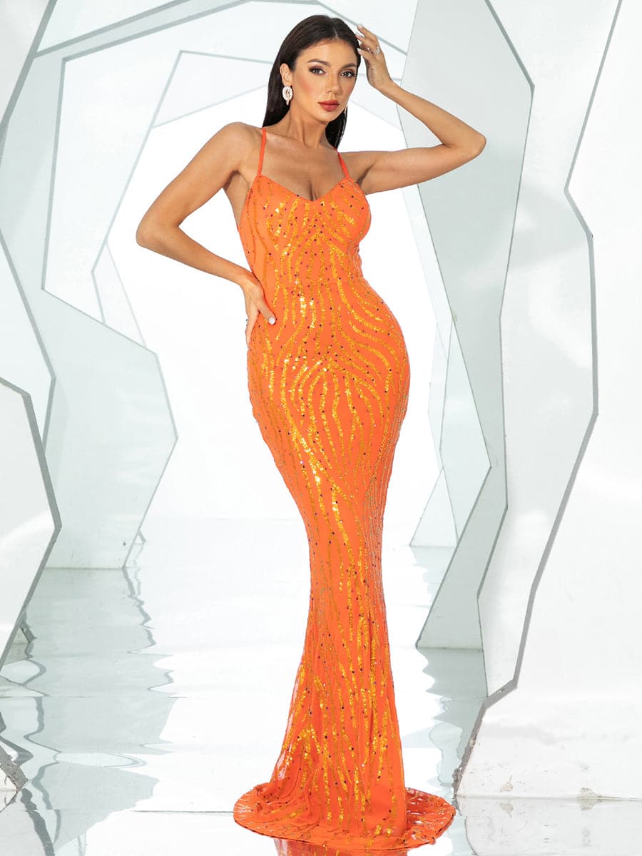 Lace Up Orange Sequin Evening Dress RD50189