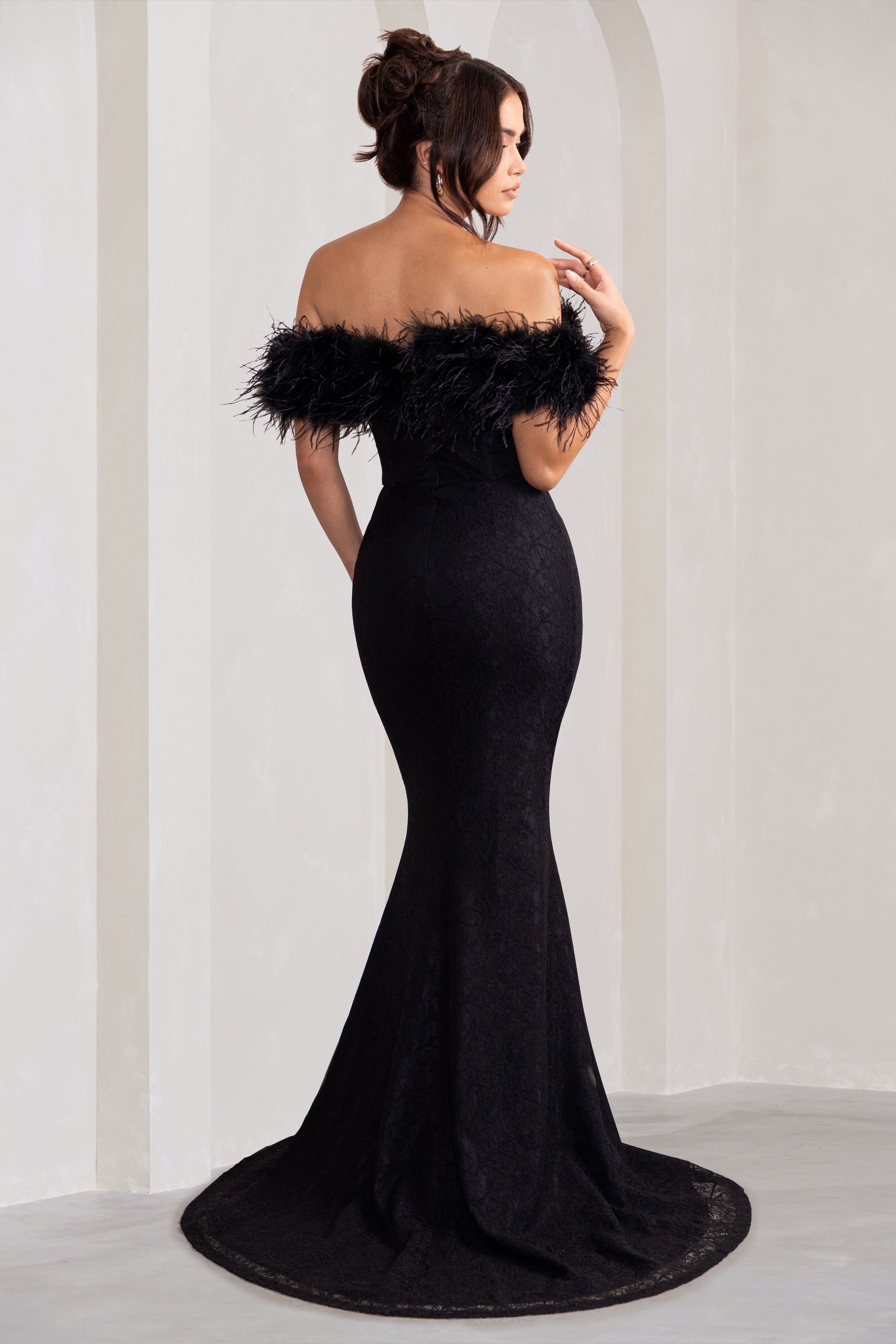Idyll Black Lace Bardot Feather Fishtail Maxi Dress