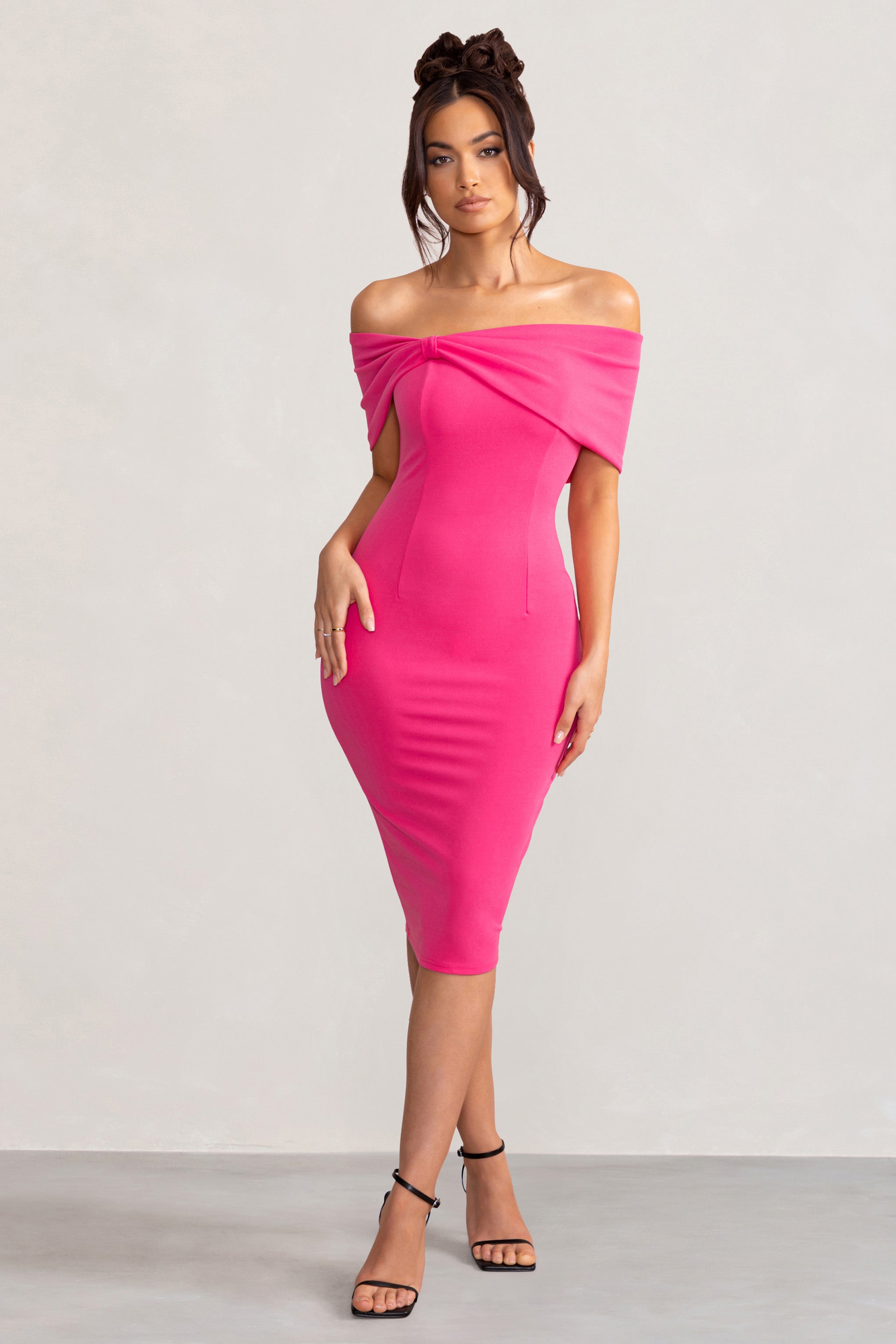 Alyssa Hot Pink Bardot Bow Detail Midi Dress