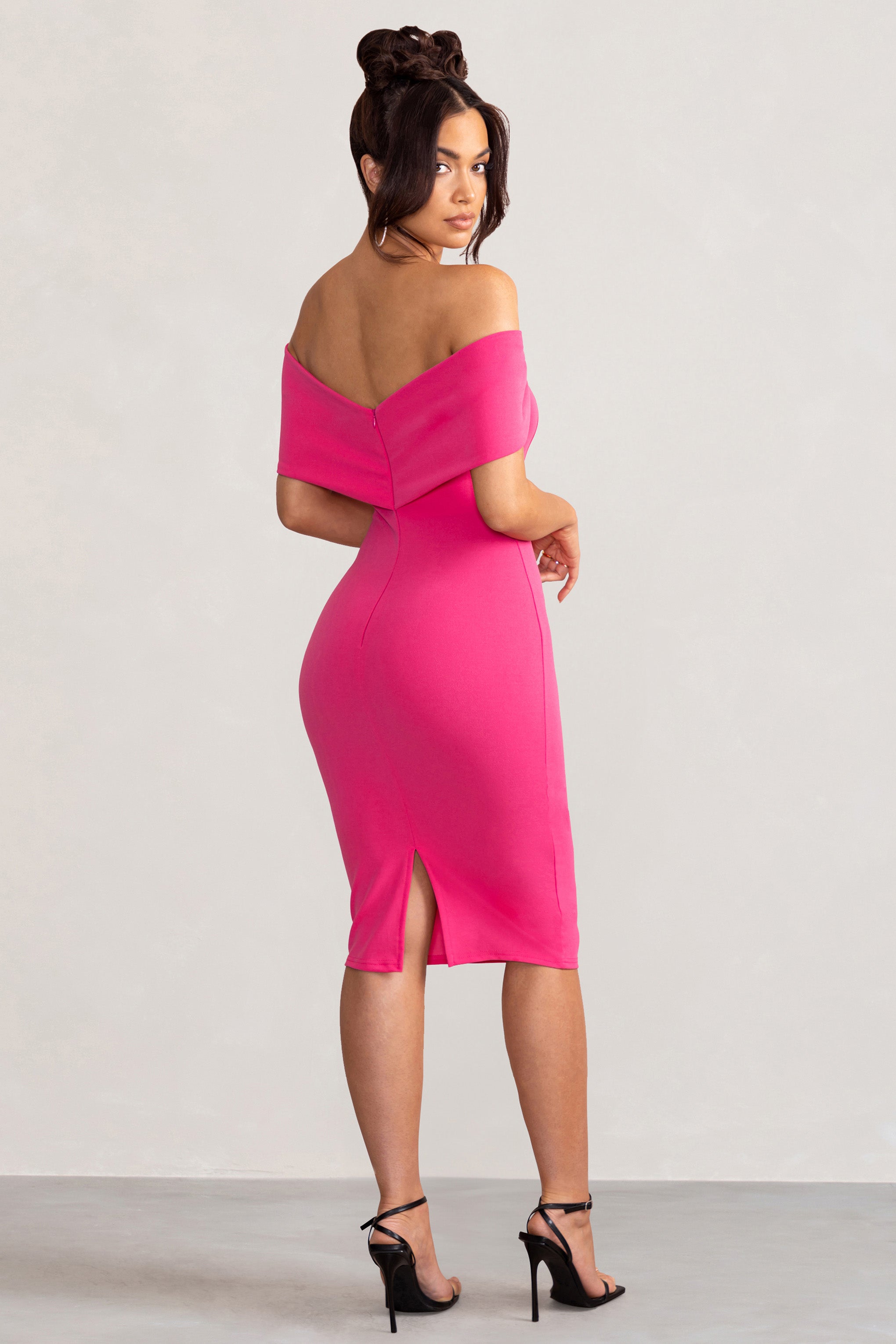 Alyssa Hot Pink Bardot Bow Detail Midi Dress