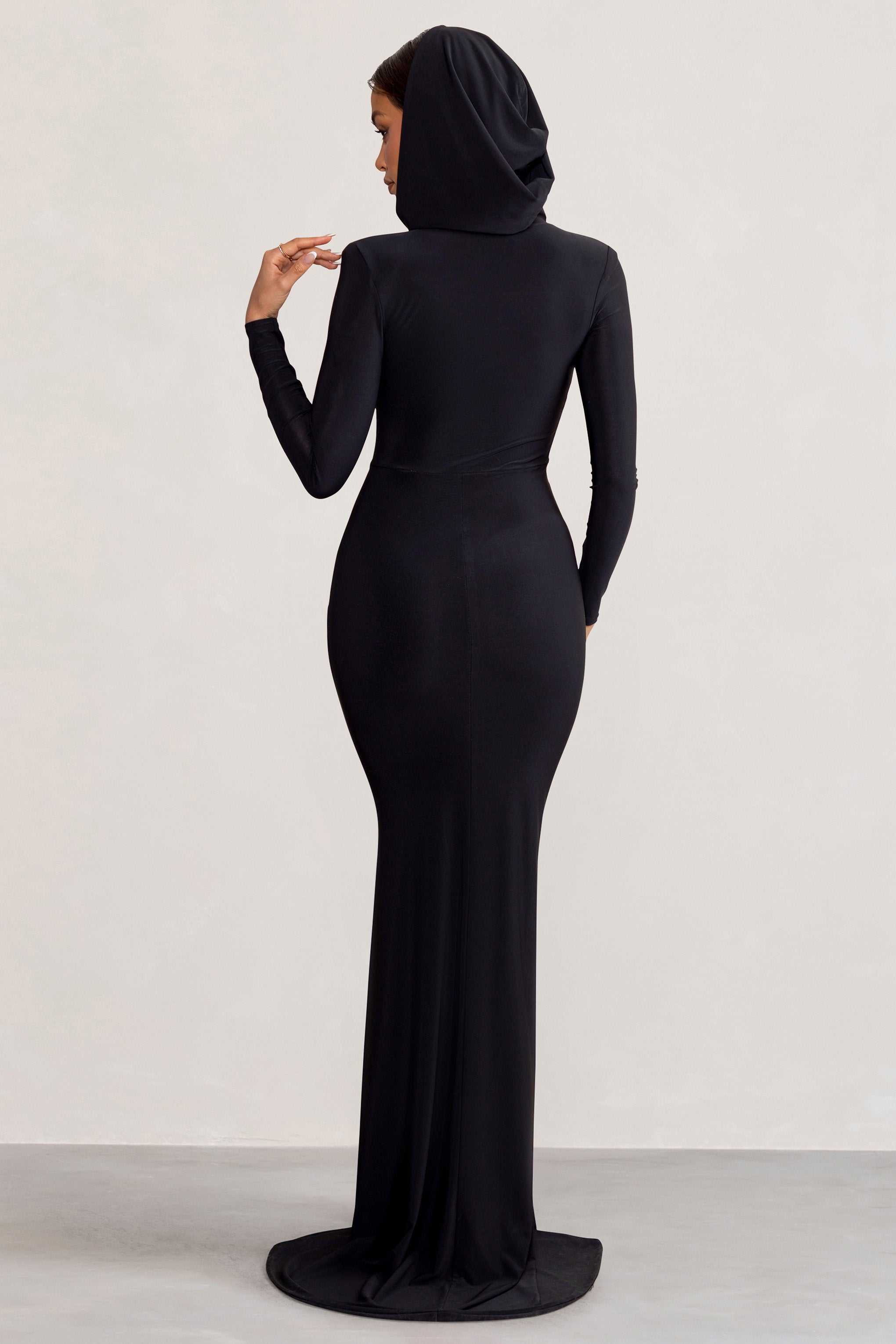 Adore Black Long Sleeve Plunge Maxi Dress with Hood