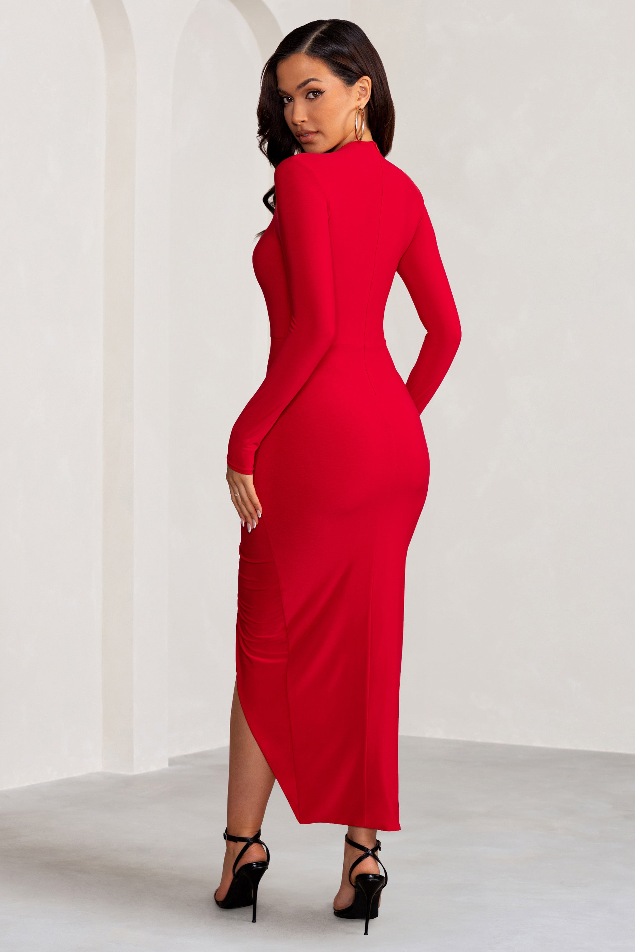 Alana Red Long Sleeve High Neck Maxi Dress with Ruched Waist and Front Split