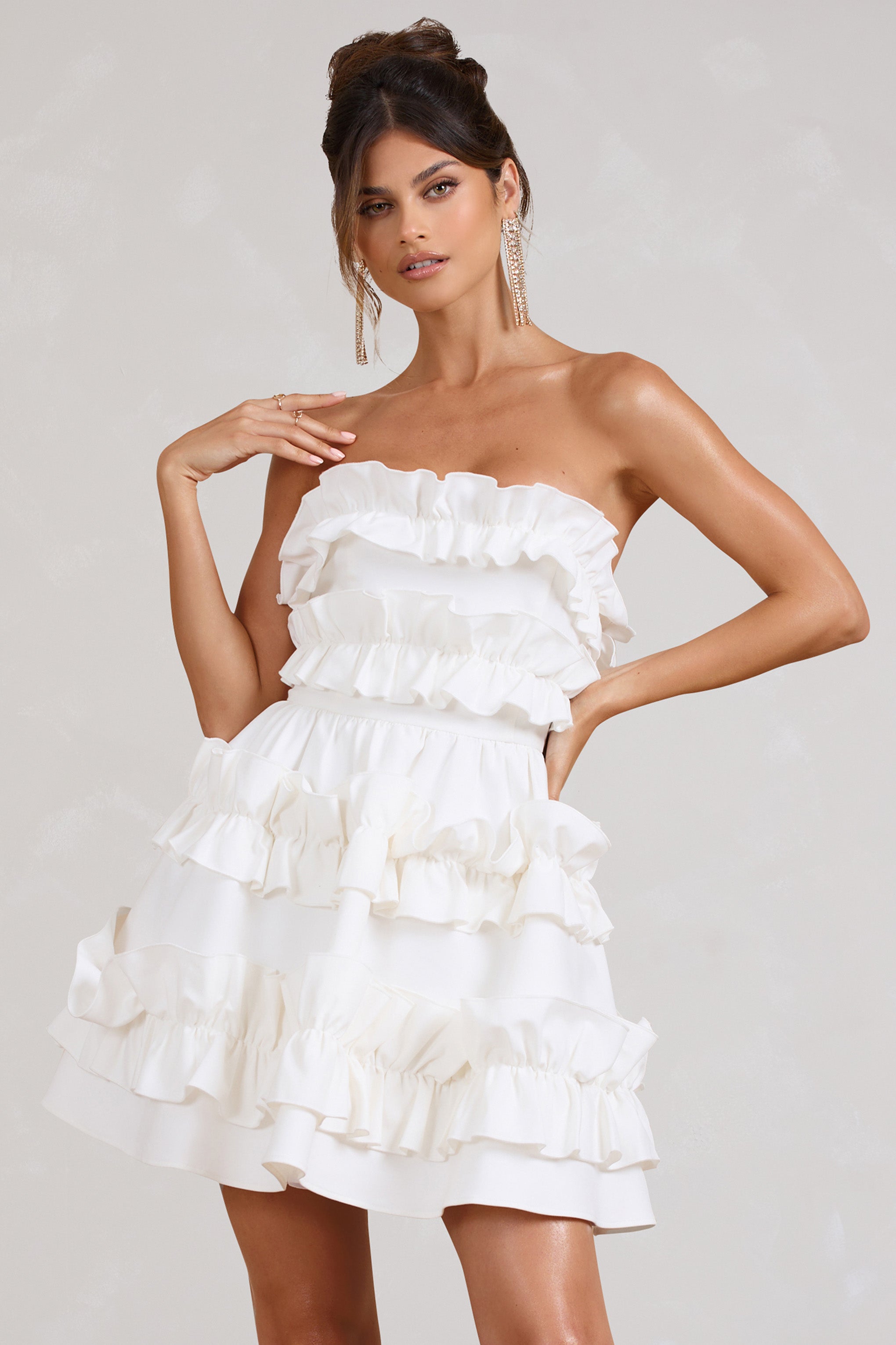 Rosette White Ruffled Bandeau Mini Dress