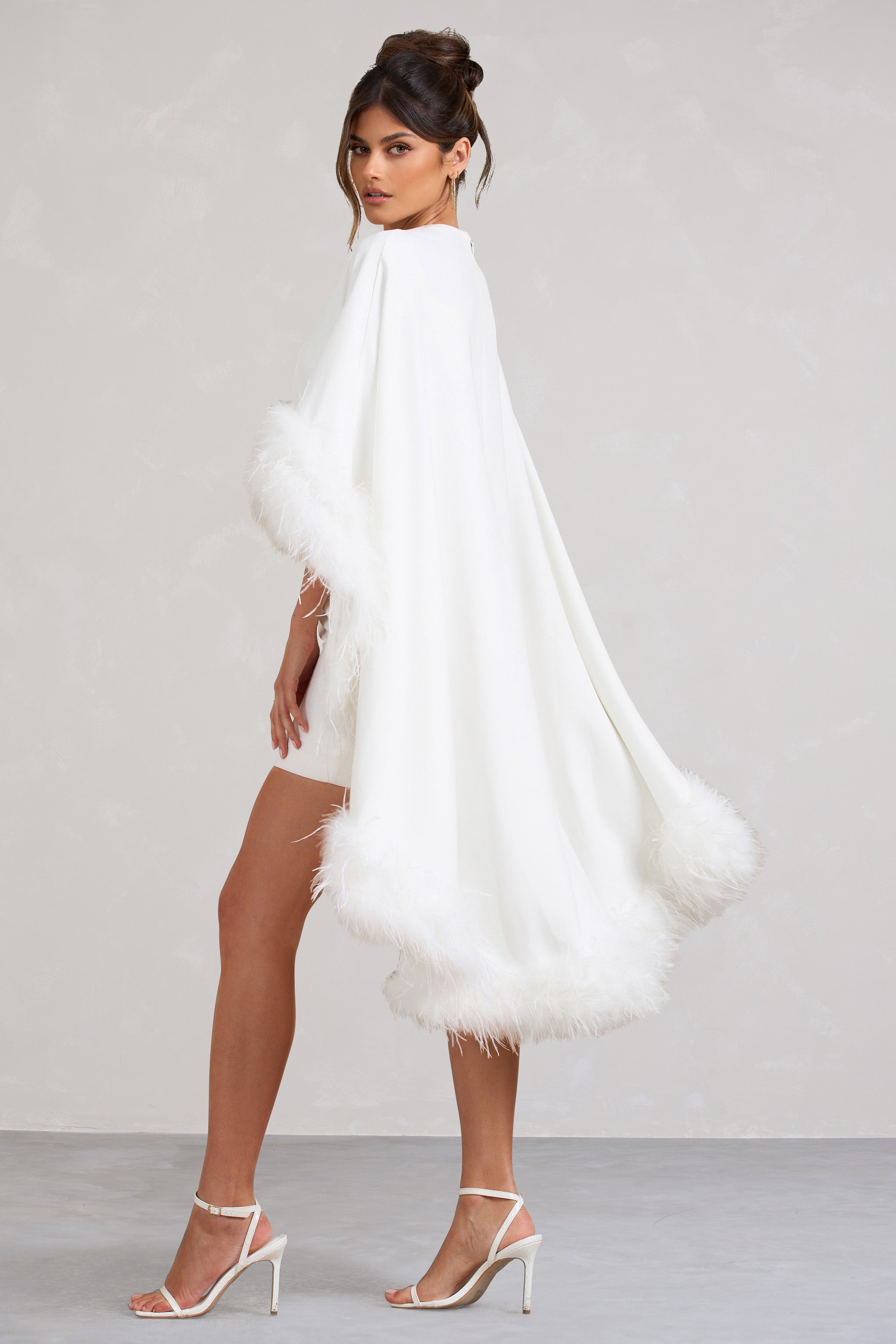 Of The Manor White Gathered Mini Dress With Feather Cape