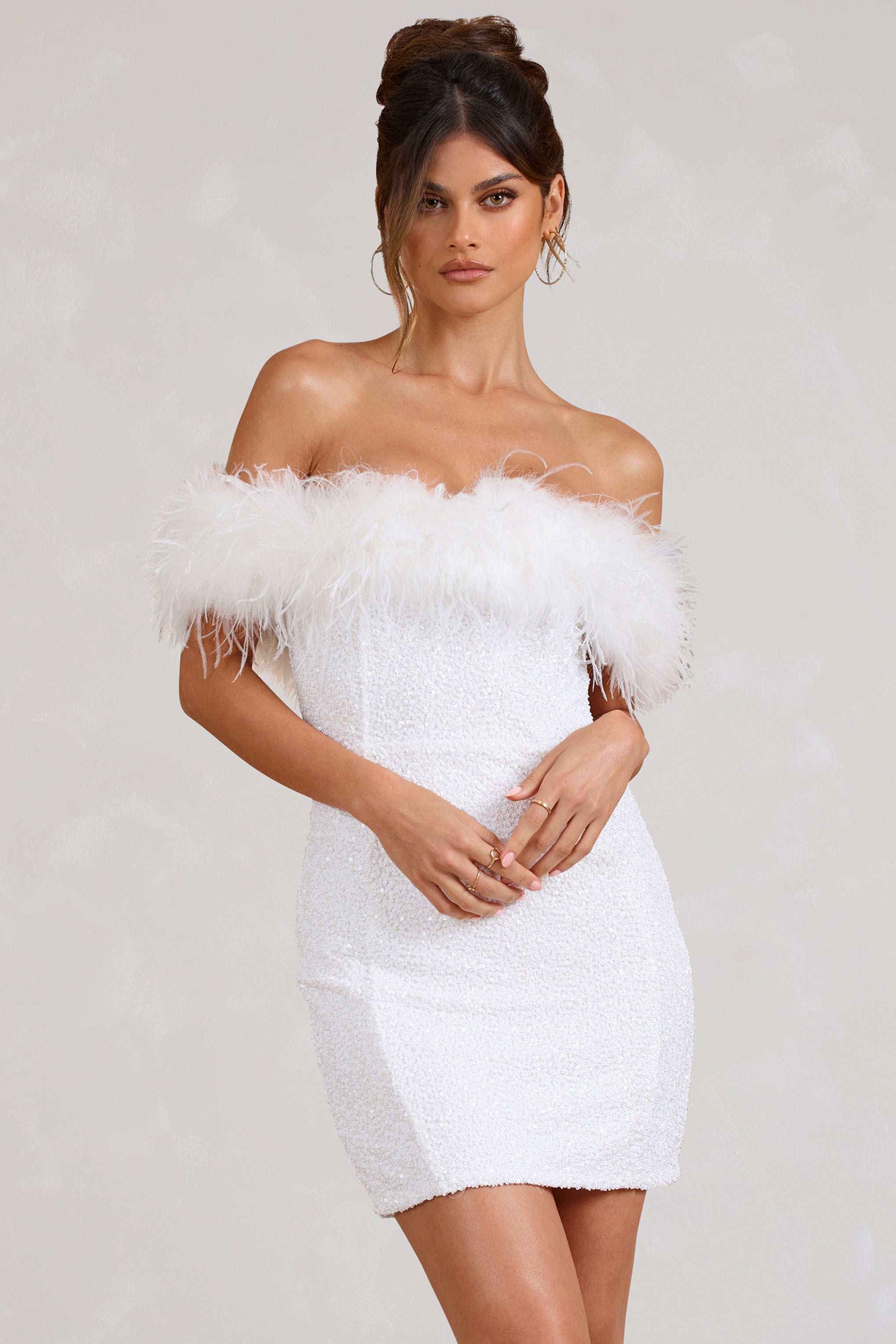 New Money White Bodycon Sequin Mini Dress With Feather Trim