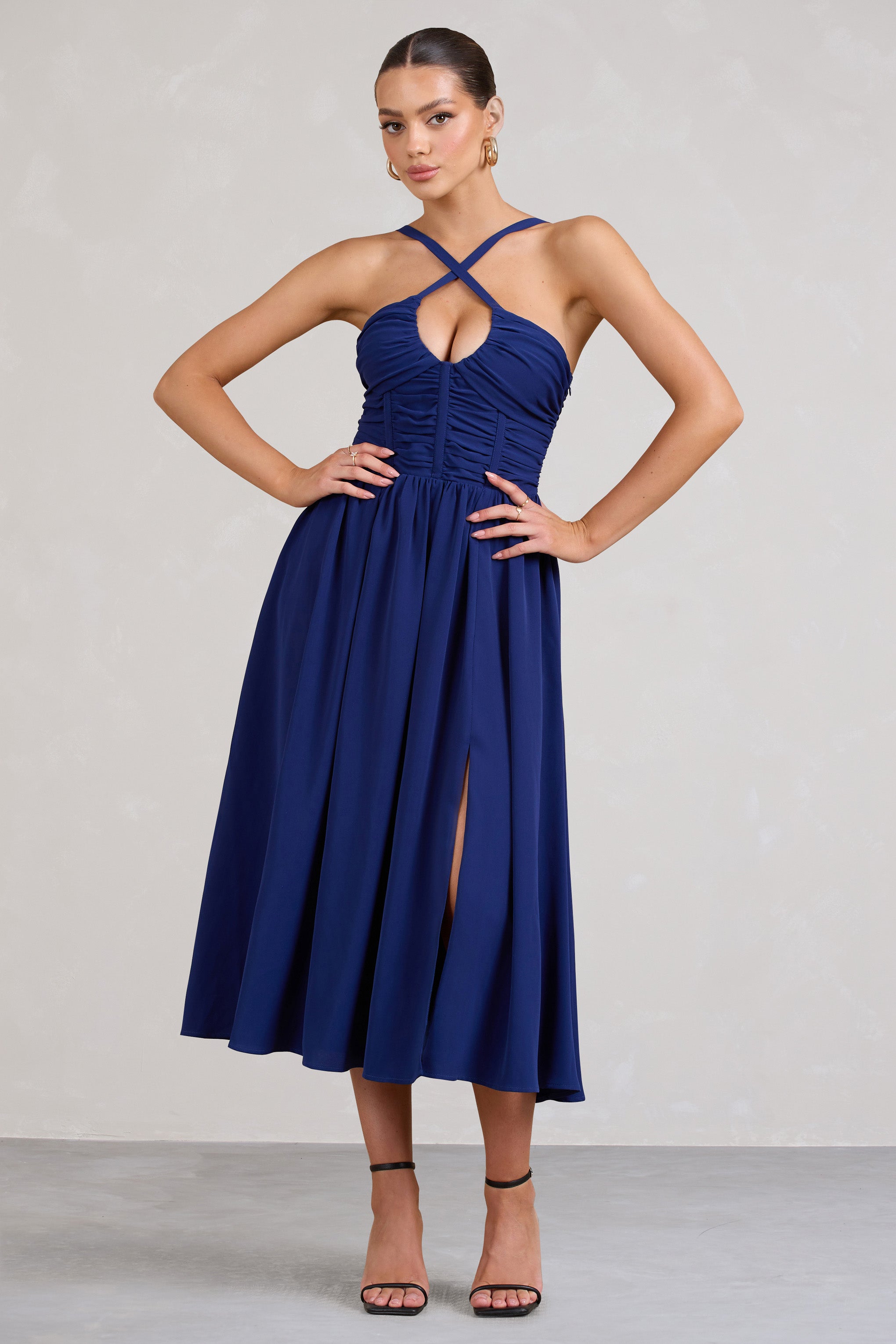 Lady Loren Navy Ruched Cross-Strap Split Midi Dress