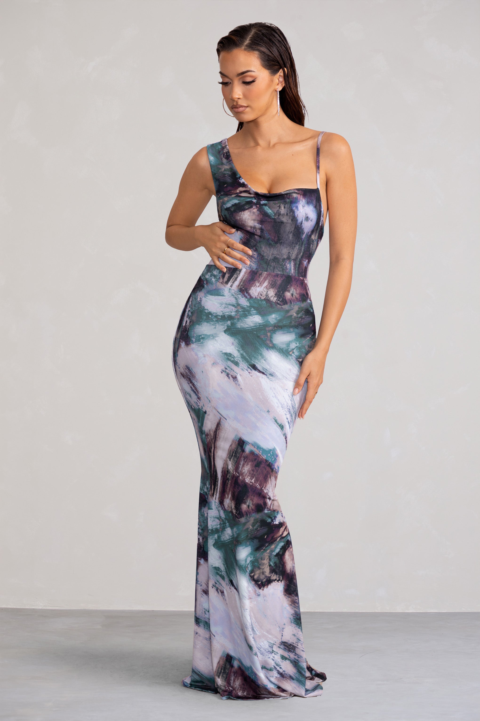 Phantasy Multi Print Asymmetric Neckline Cowl Maxi Dress