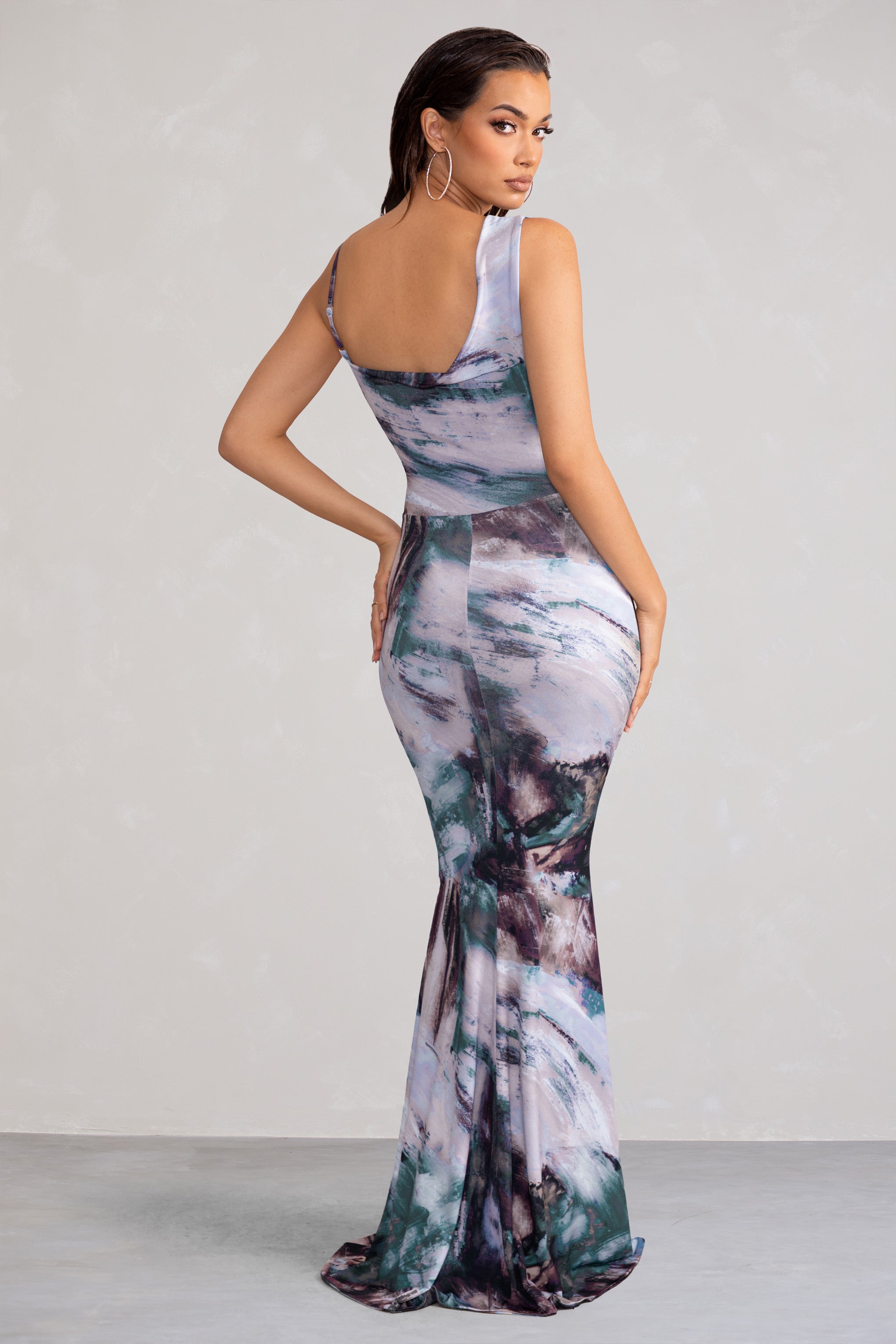 Phantasy Multi Print Asymmetric Neckline Cowl Maxi Dress