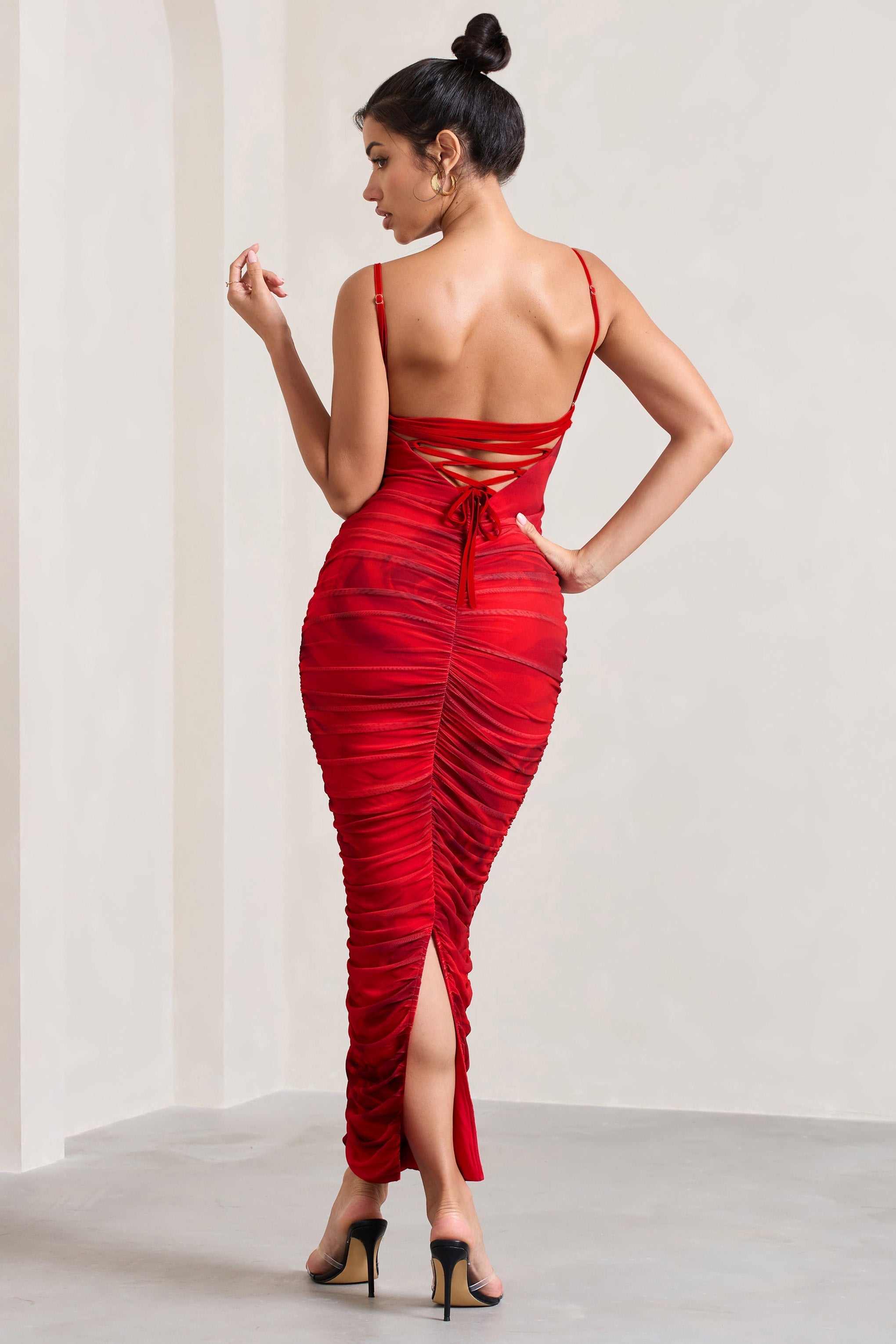 Ellis Red Rose Printed Ruched Mesh Strappy Bodycon Maxi Dress