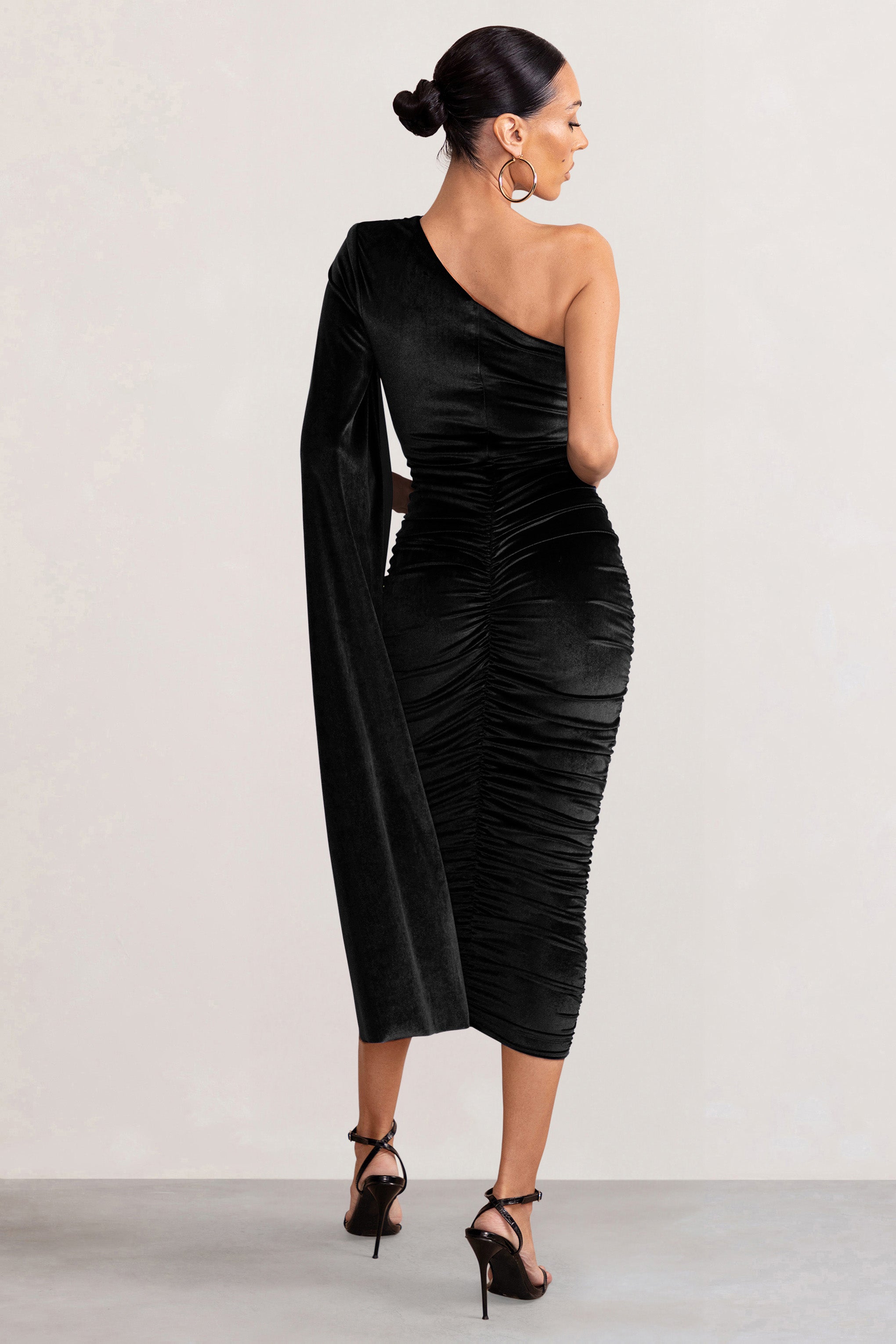 Gianna Black Velvet One Shoulder Cape Bodycon Midi Dress
