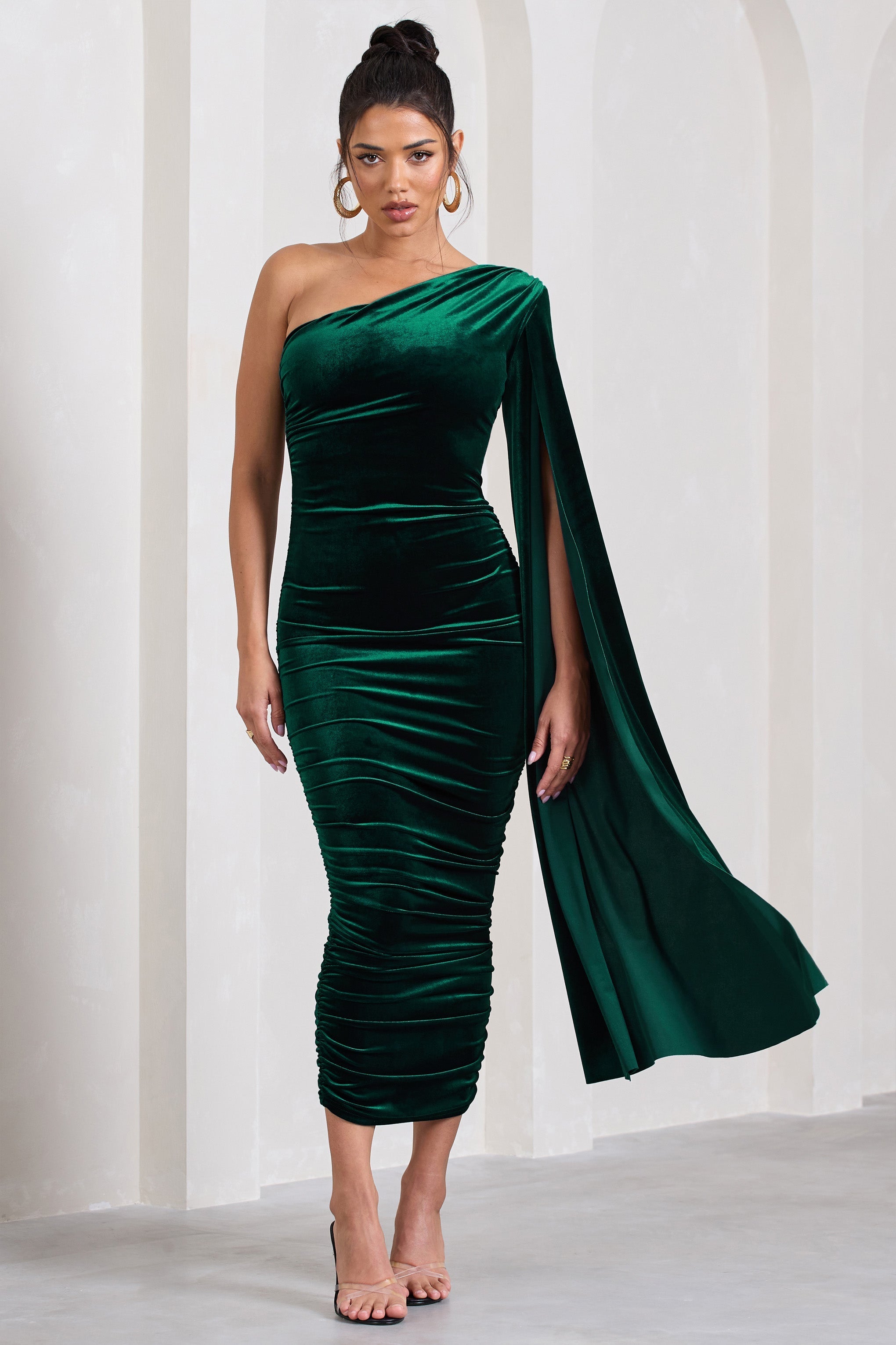 Gianna Bottle Green Velvet One Shoulder Cape Bodycon Midi Dress