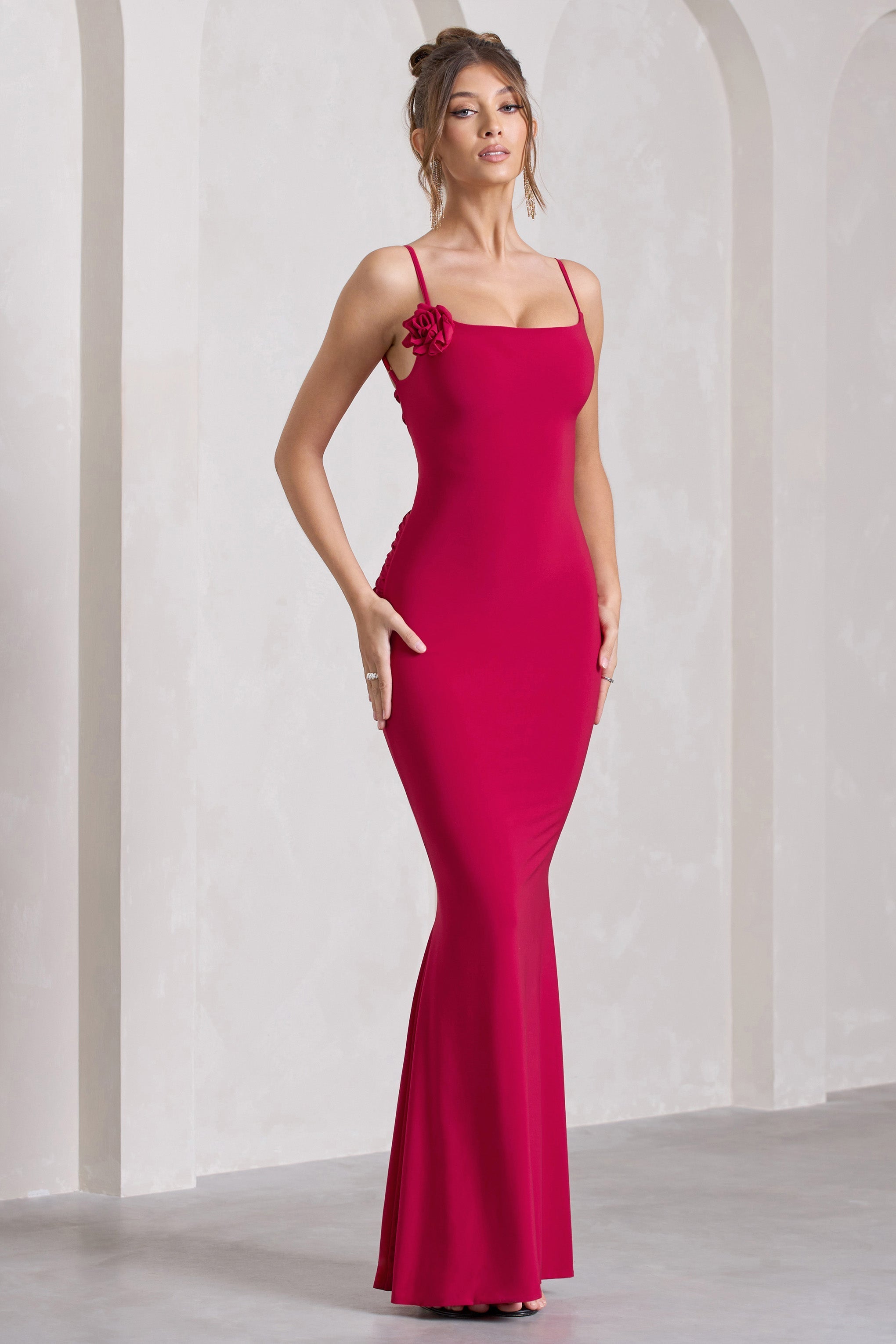 Alora Red Strappy Lace-Up Maxi Dress With Flower Corsage