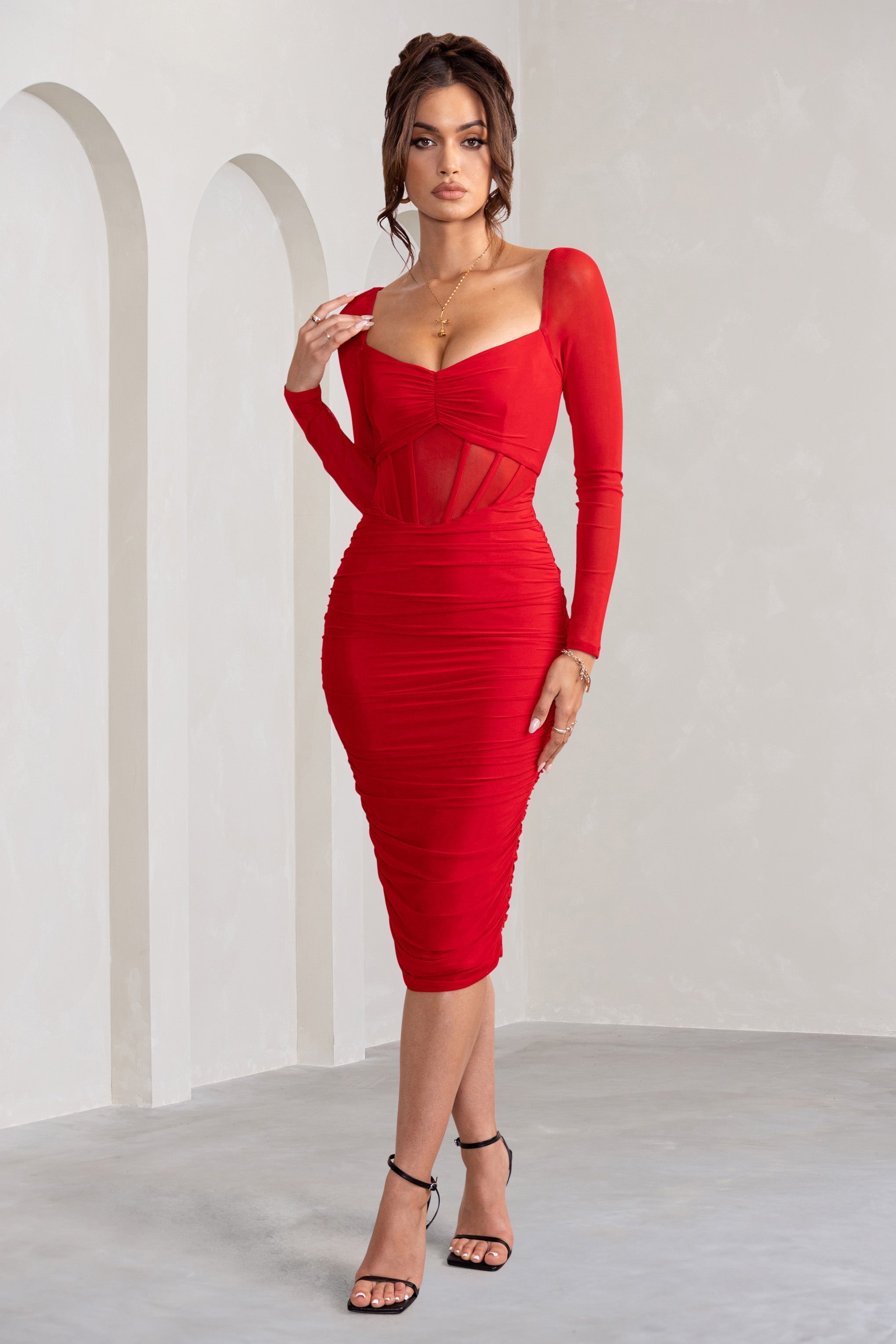 Abiba Red Ruched Front Corset Midi Dress With Long Sleeves