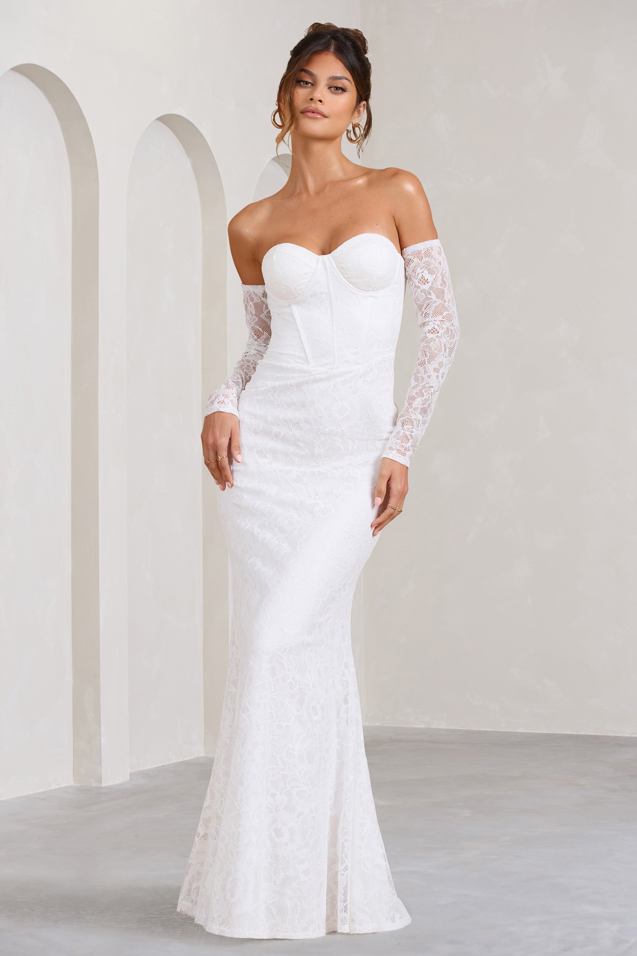 Aniyah White Lace Bandeau Neckline Corset Fishtail Maxi Dress With Sheer Sleeves