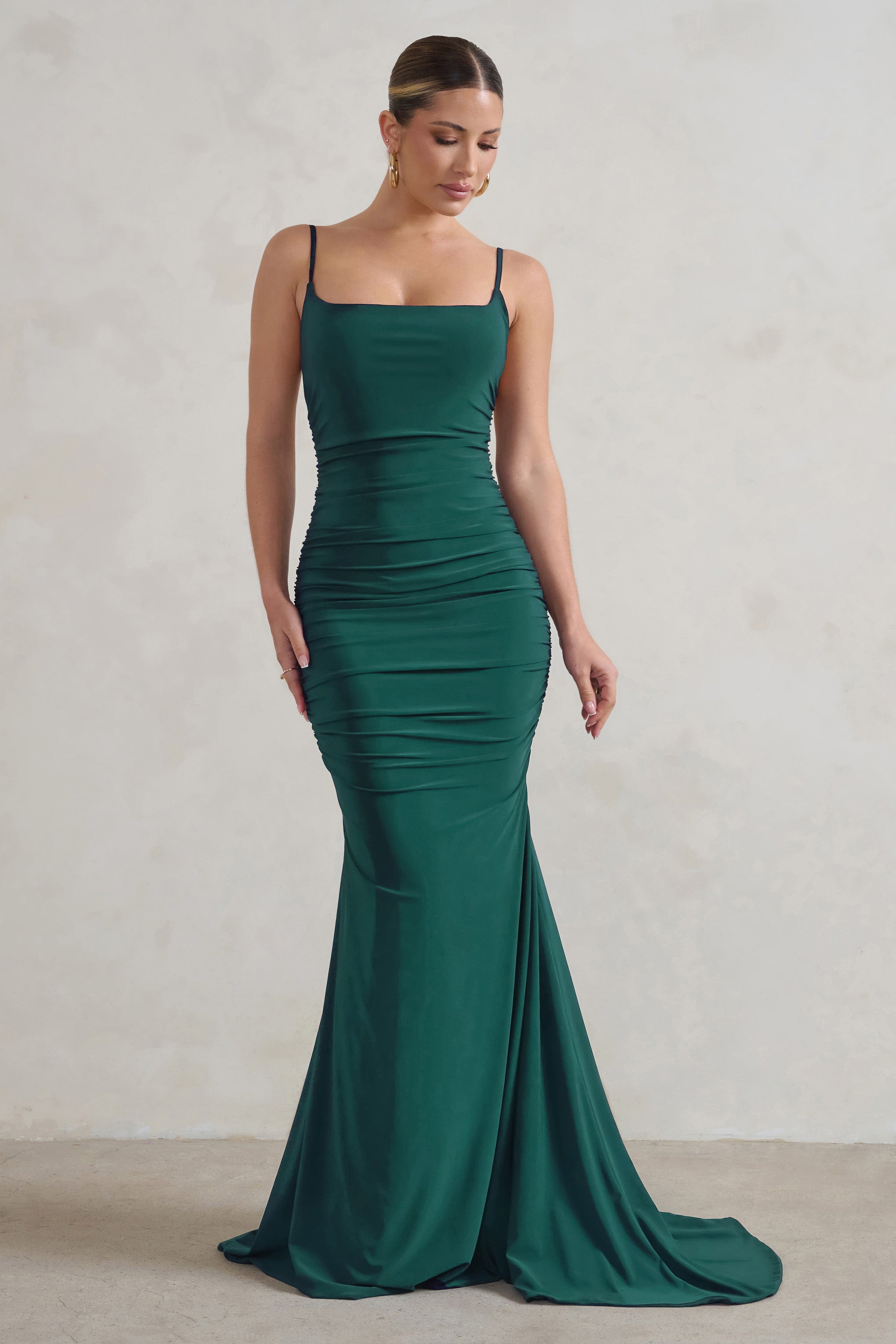 Adele Bottle Green Backless Ruched Fishtail Cami Maxi Dress