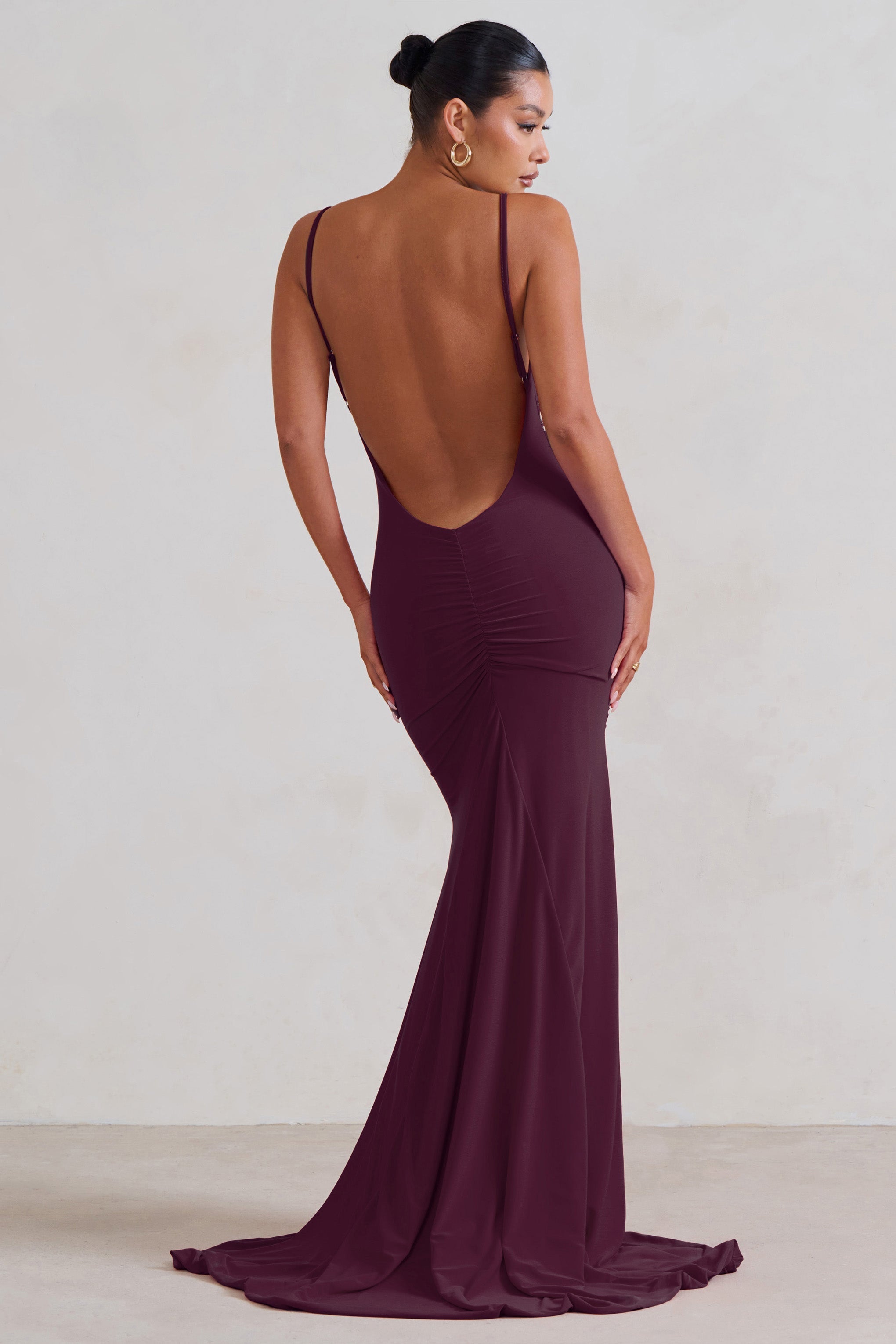Adele Plum Backless Ruched Fishtail Cami Maxi Dress