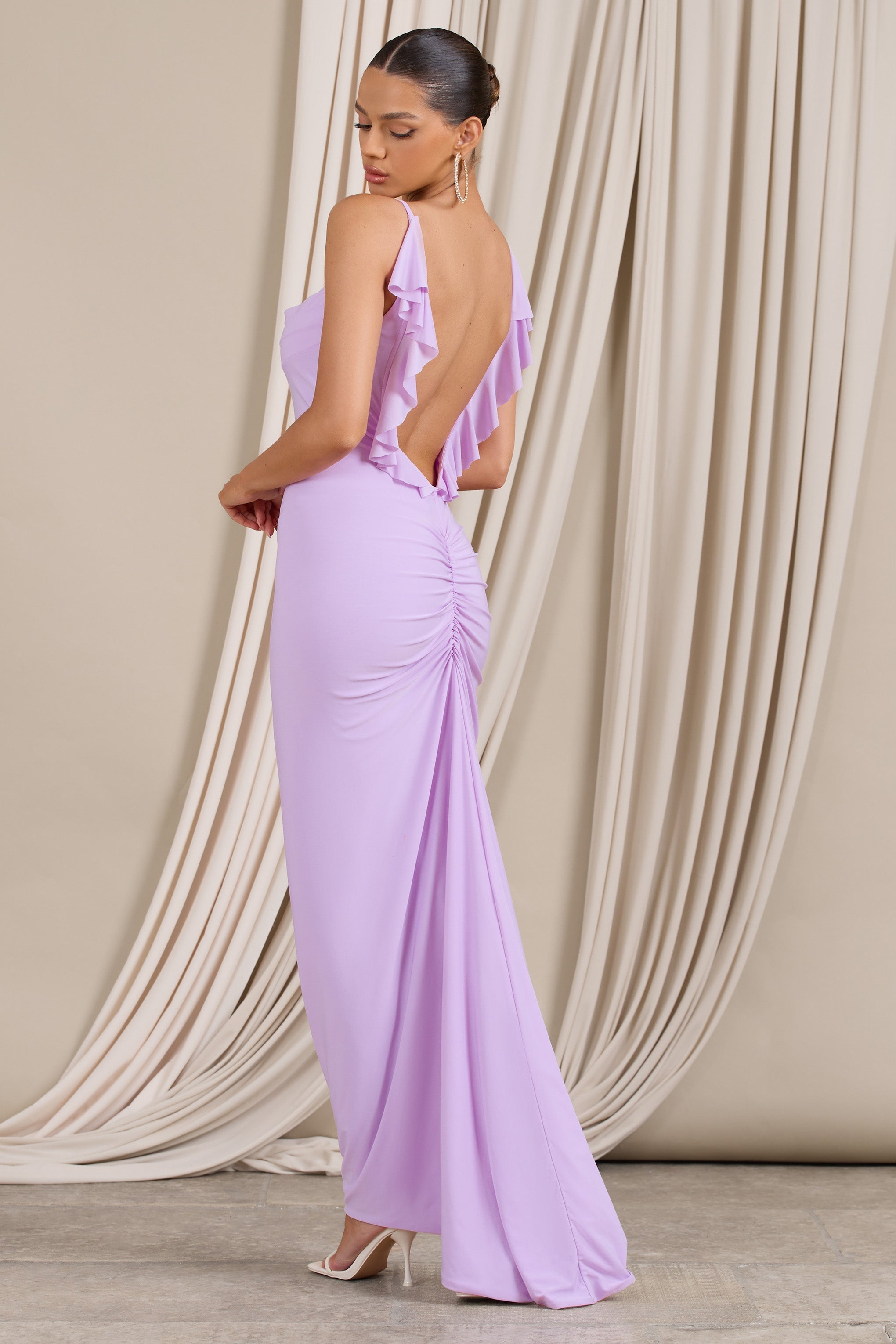 Flute Lilac Bodycon Maxi Dress With Ruched Ruffled Back