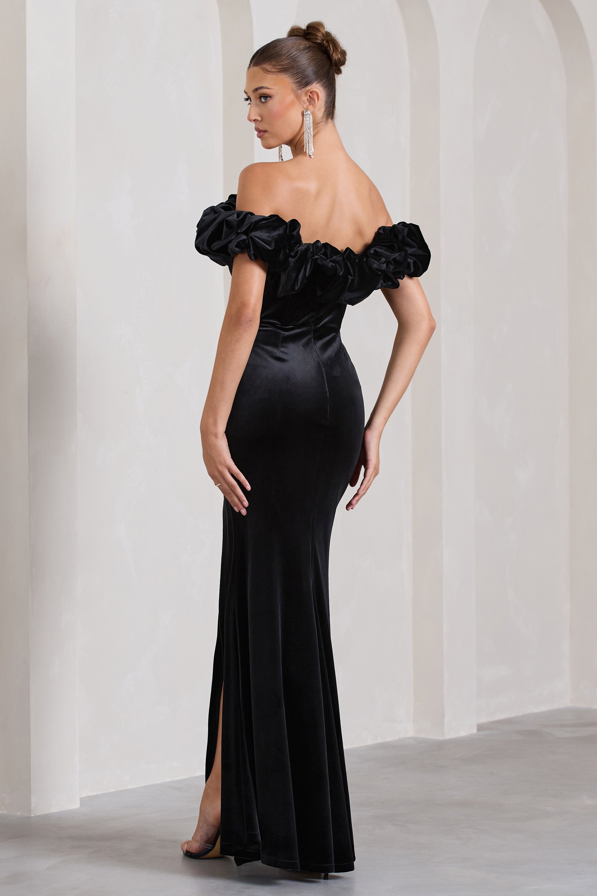 Esmeralda Black Velvet Structured Ruffled Bardot Maxi Dress