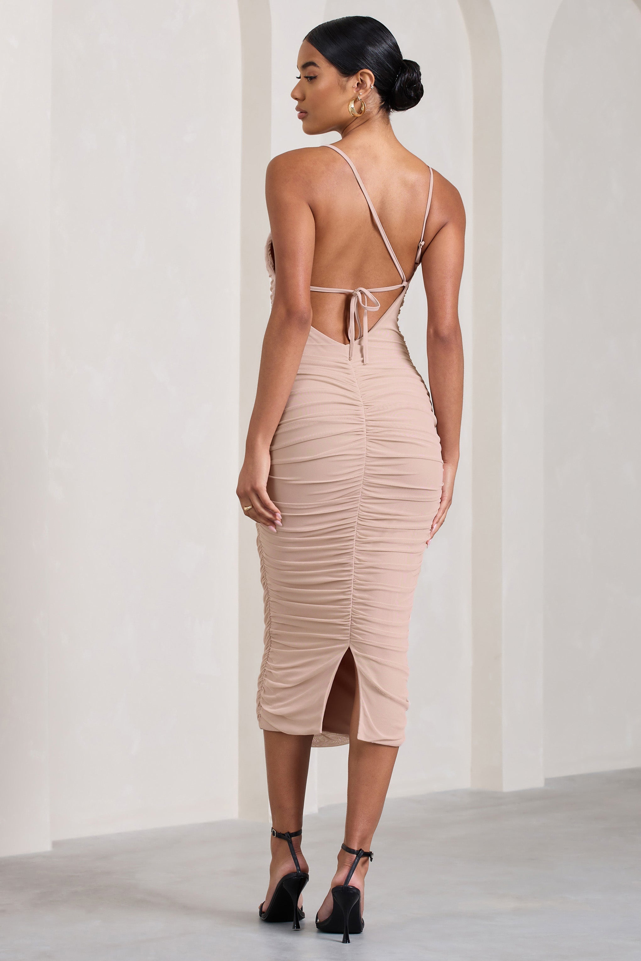 Bree Nude Ruched Mesh Strappy Bodycon Midi Dress