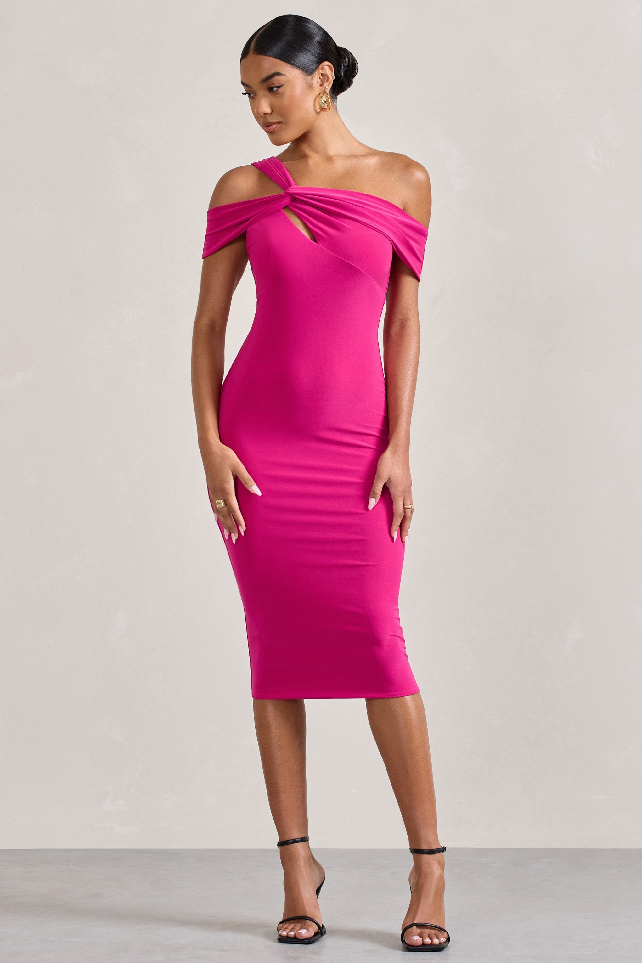 Chain Reaction Fuchsia Pink Strappy Asymmetric Bodycon Midi Dress