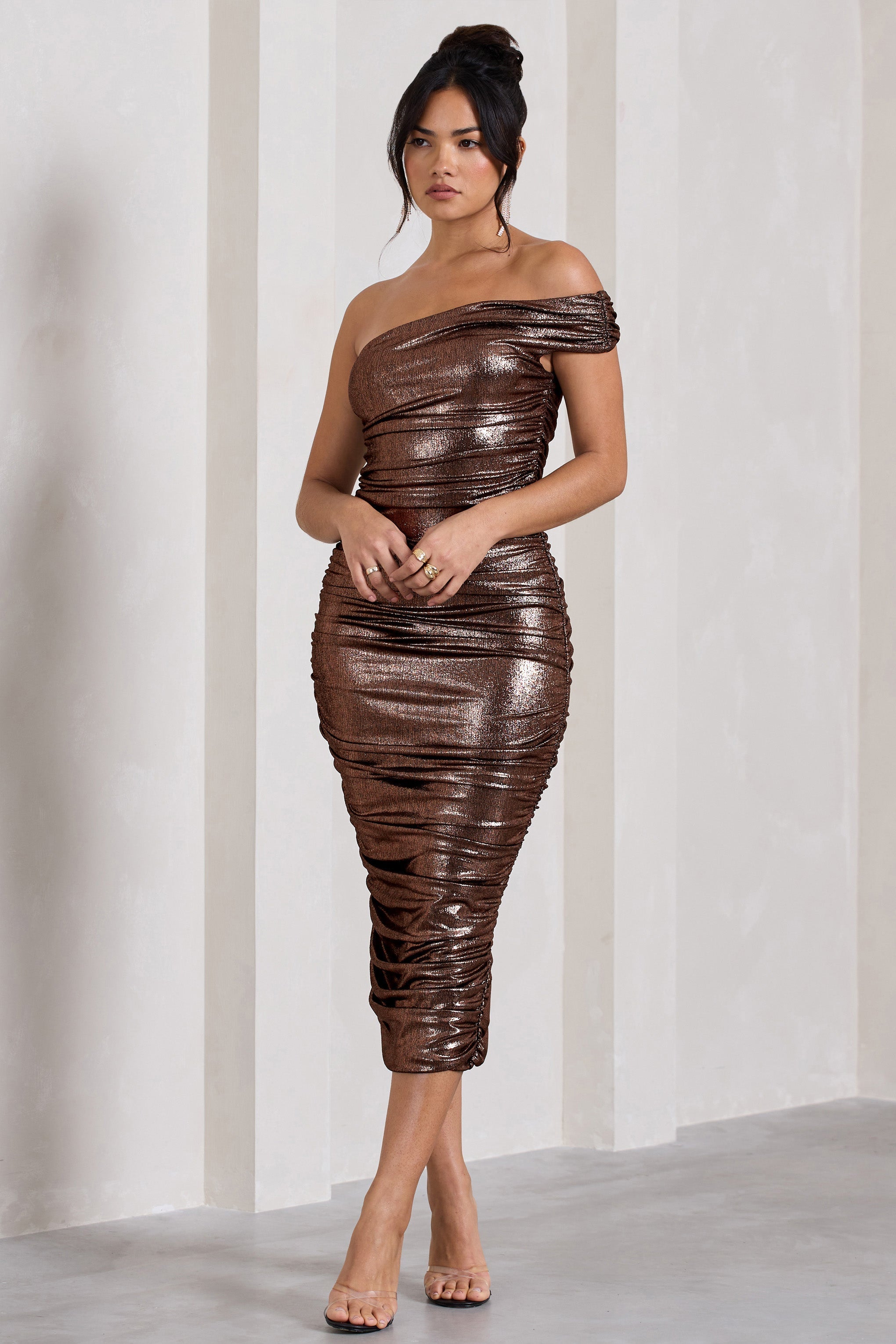 Alma Bronze Asymmetric Ruched Bodycon Midi Dress
