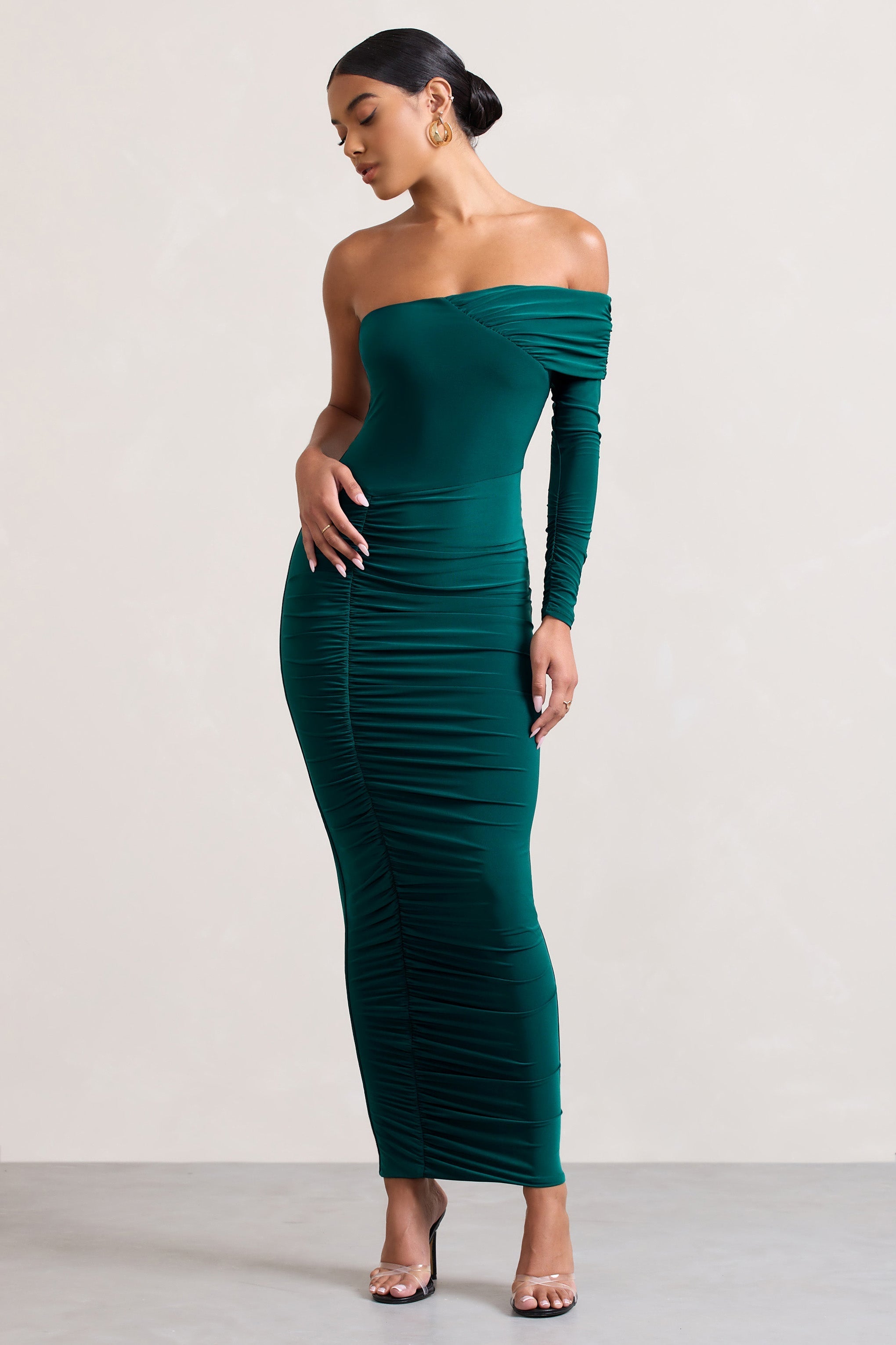 Afterparty Bottle Green Ruched Asymmetric Bodycon Maxi Dress