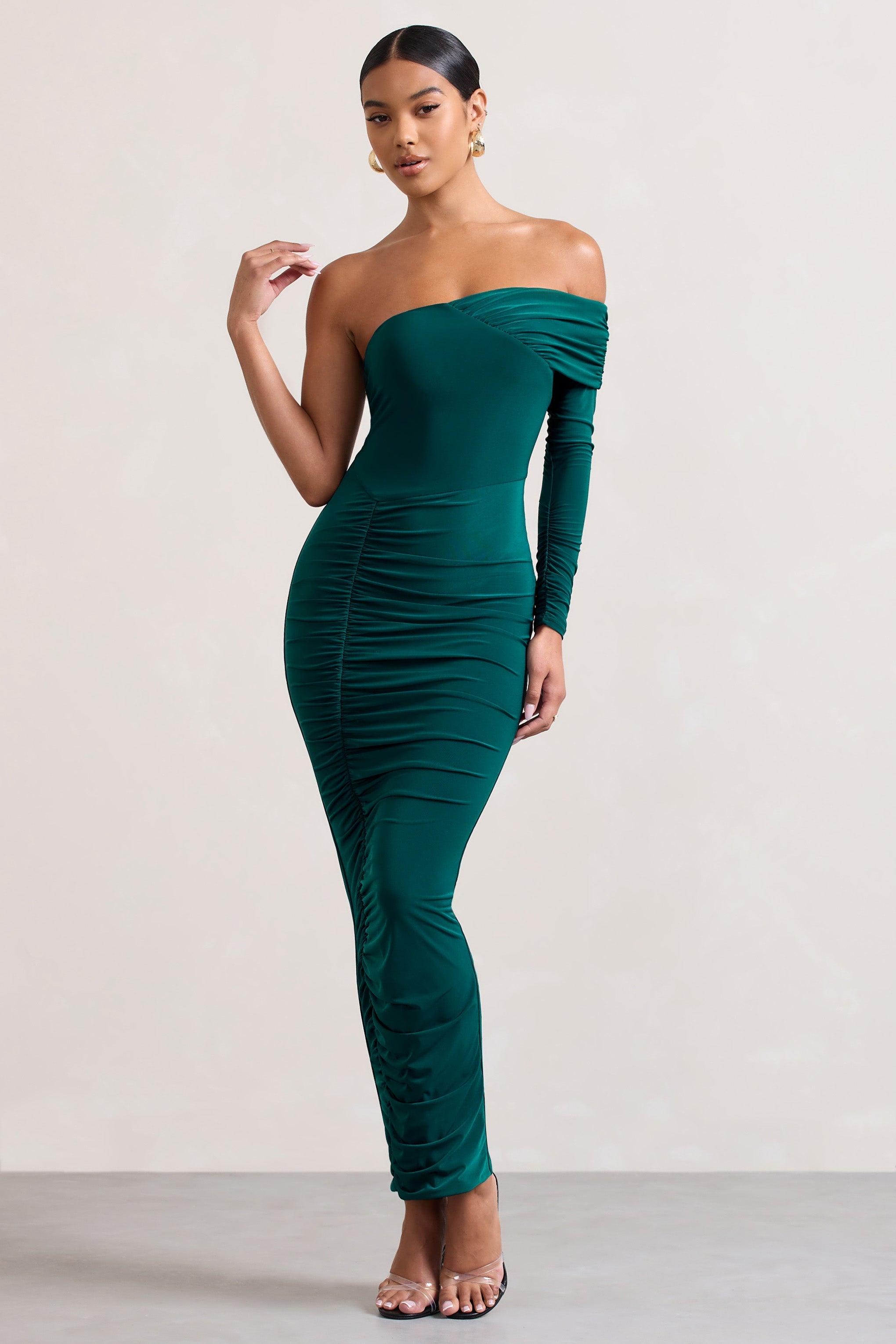 Afterparty Bottle Green Ruched Asymmetric Bodycon Maxi Dress