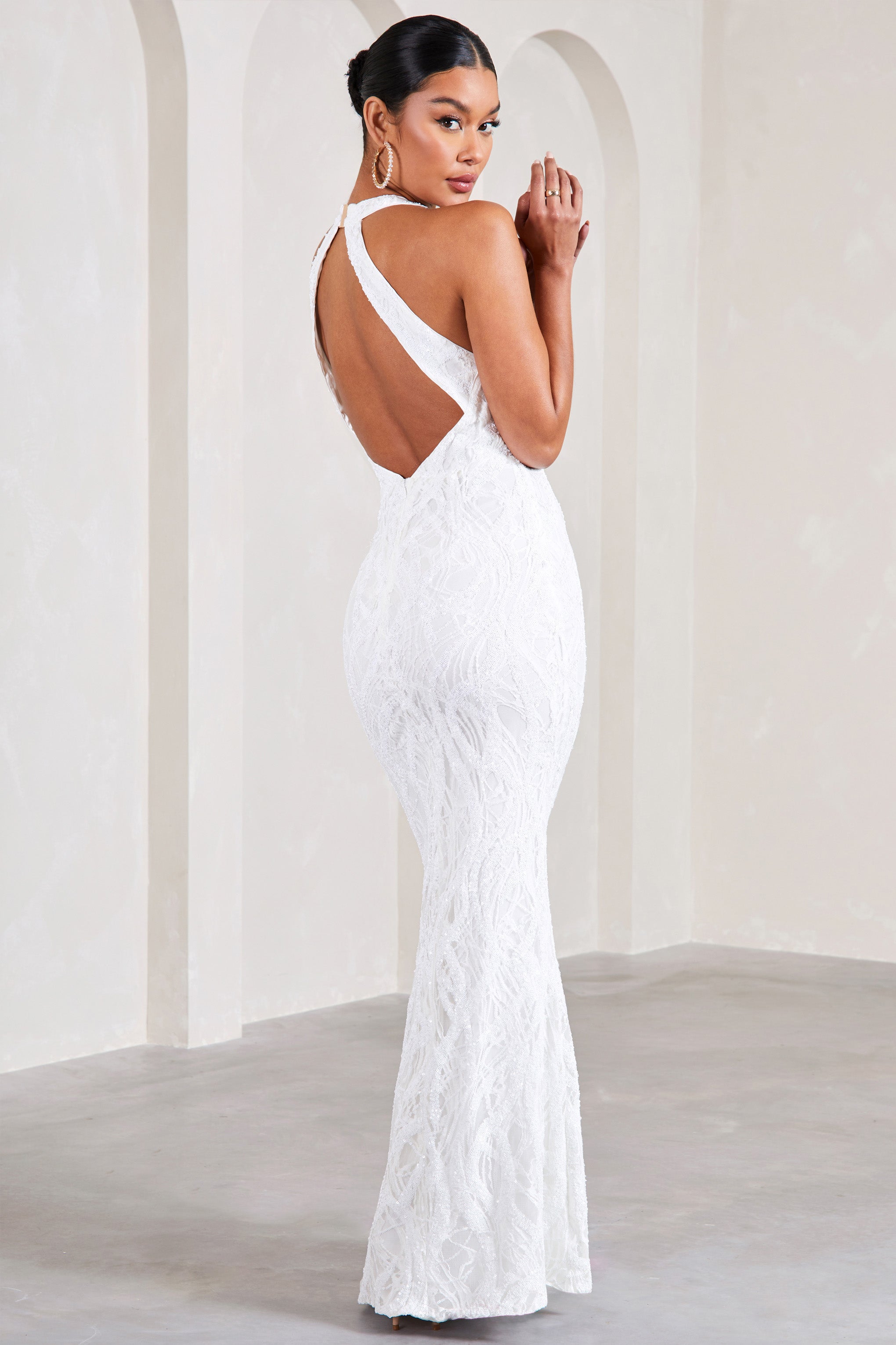 Reserved White Sequin Lace Split Maxi Dress