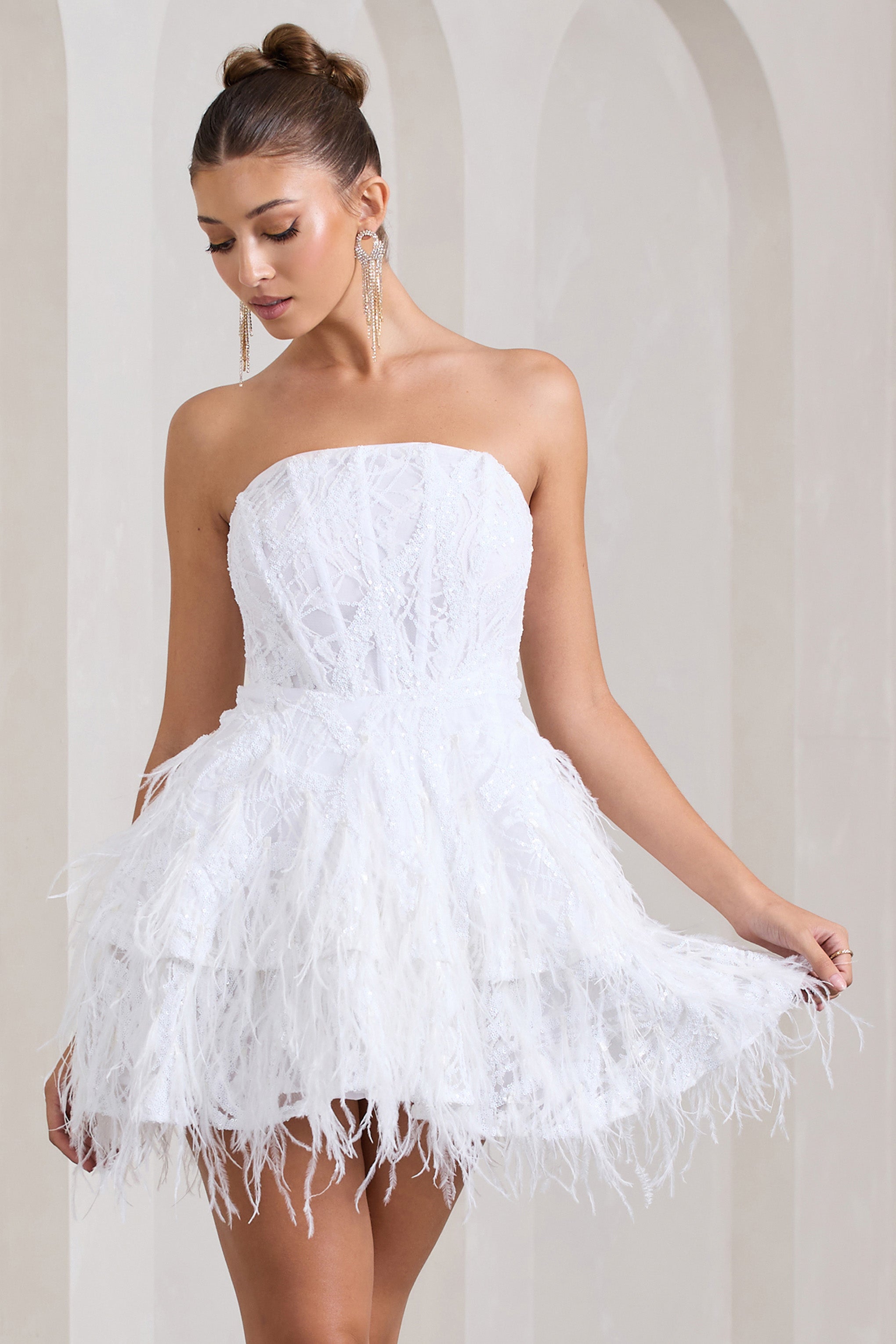 Little Wish White Sequin Lace Strapless Mini Dress With Feathers