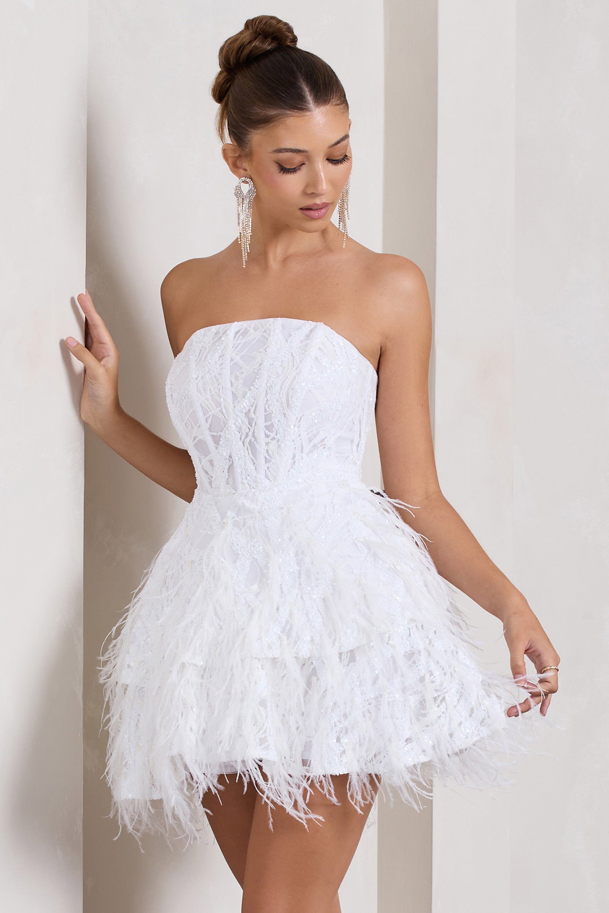 Little Wish White Sequin Lace Strapless Mini Dress With Feathers