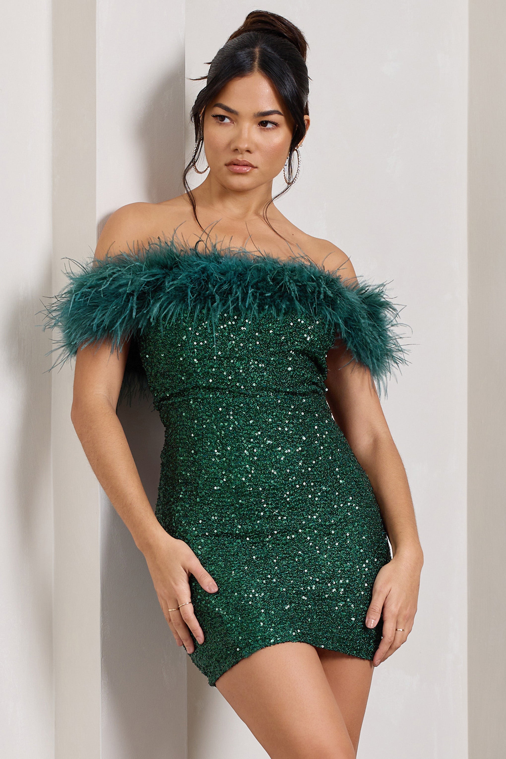 New Money Green Bodycon Sequin Mini Dress With Feather Trim