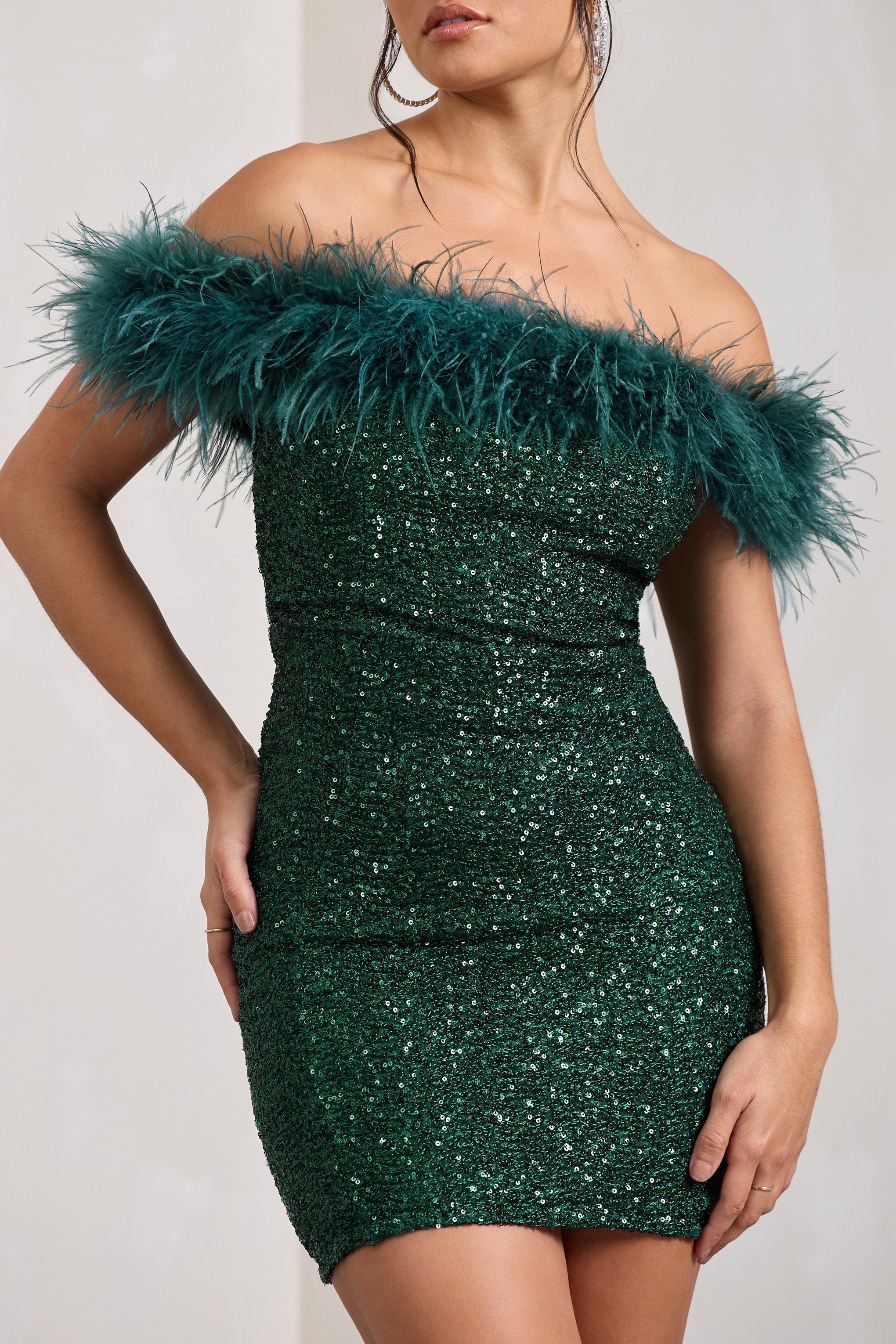 New Money Green Bodycon Sequin Mini Dress With Feather Trim