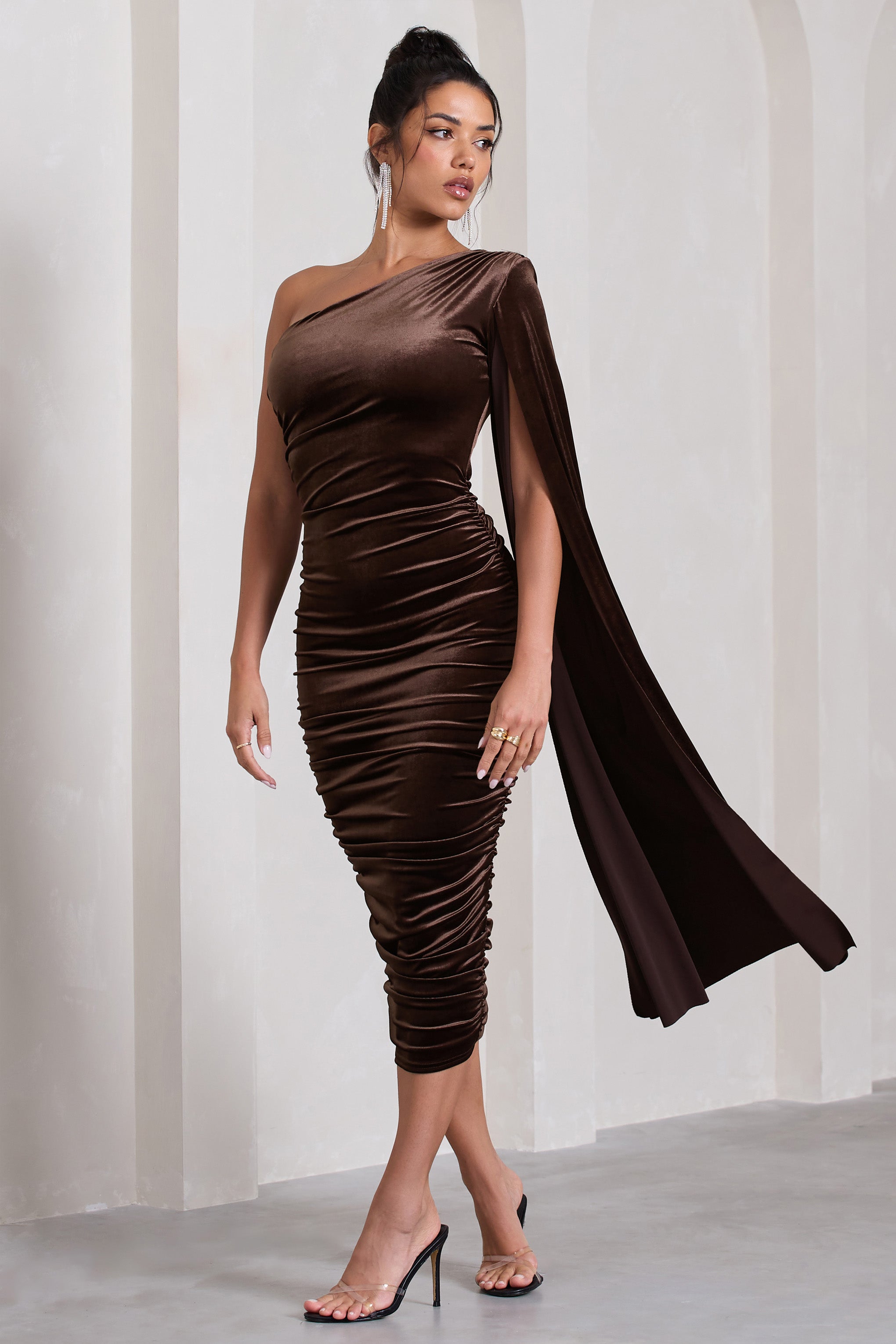 Gianna Chocolate Velvet One Shoulder Cape Bodycon Midi Dress