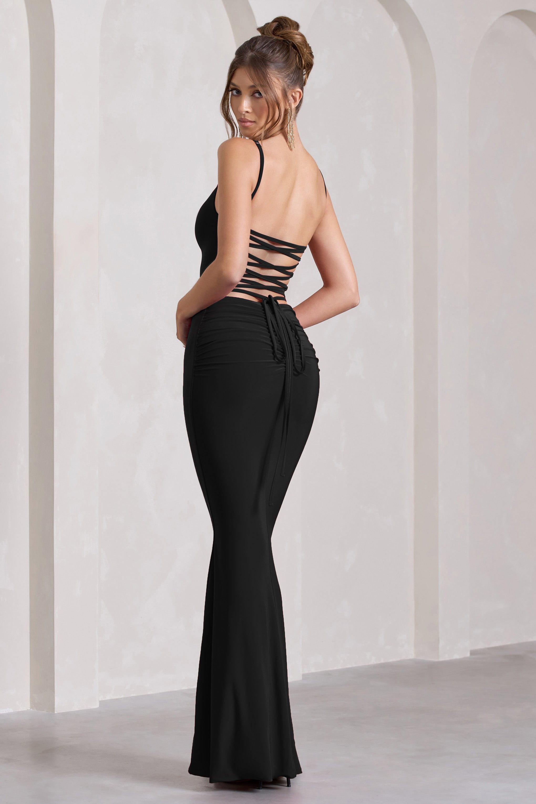 Alora Black Strappy Lace-Up Maxi Dress With Flower Corsage