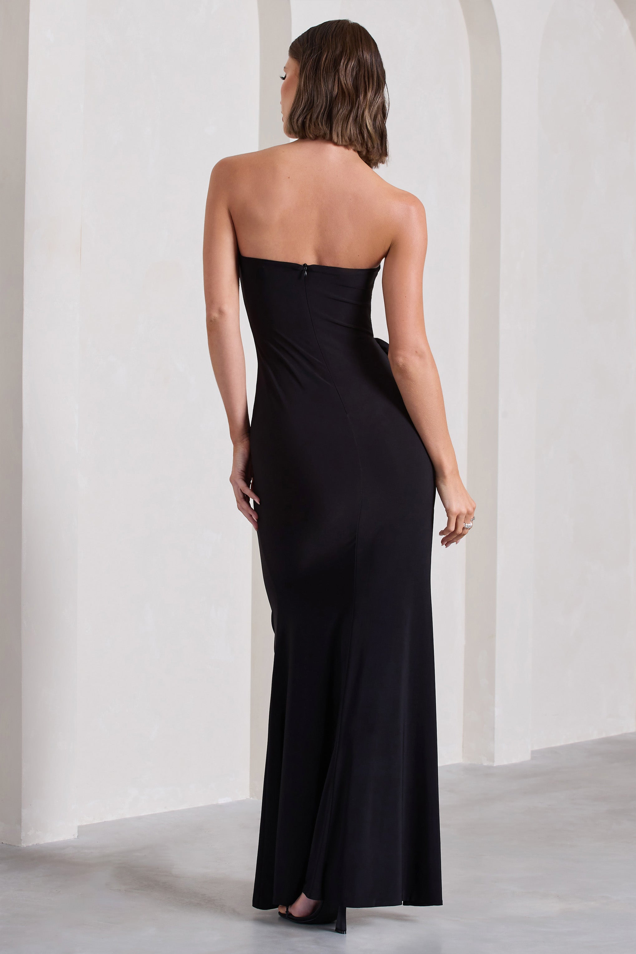 My Muse Black Ruched Bandeau Split Maxi Dress With Flowers