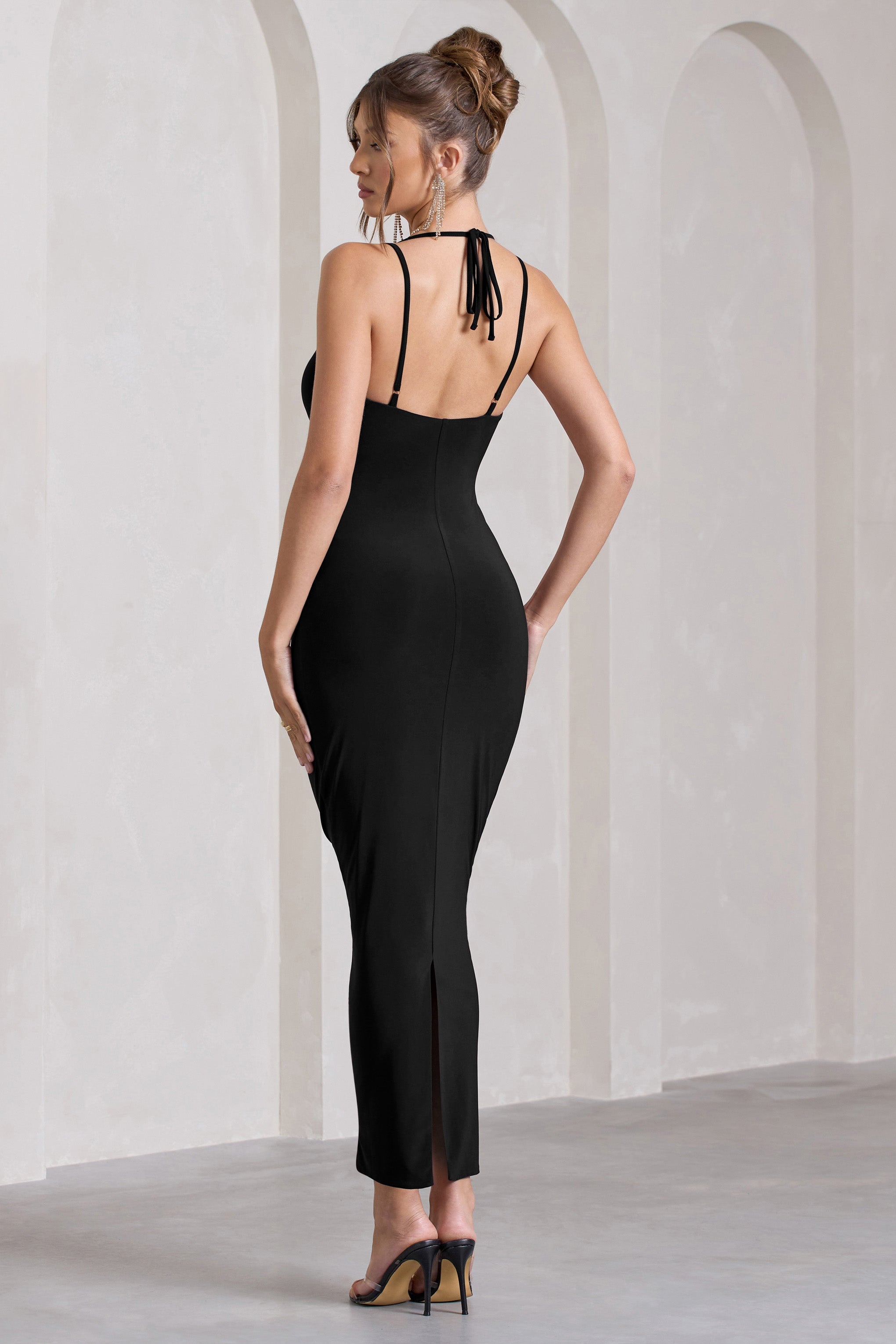 Yvette Black Plunge-Neck Twisted Maxi Dress With Cross-Back