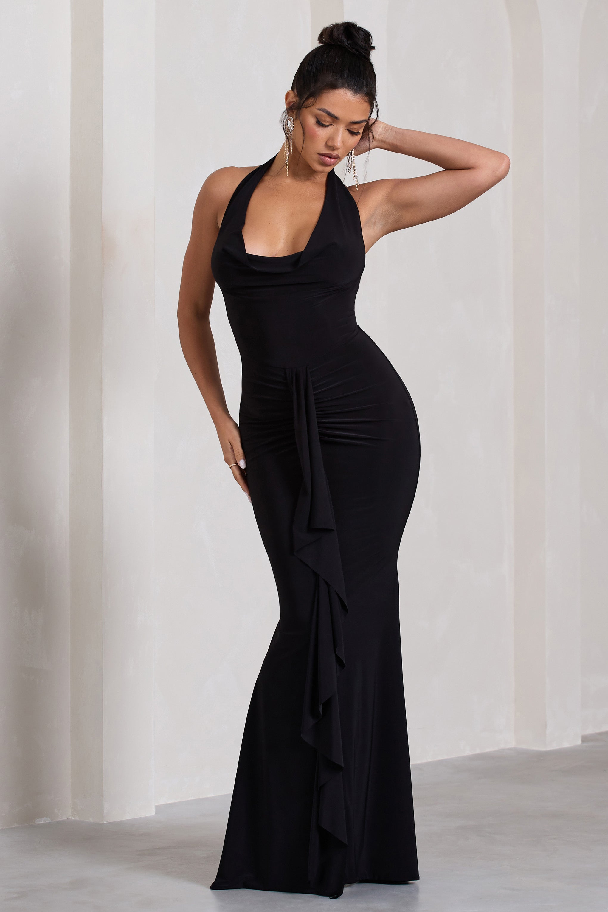 Kaia Black Ruched Cowl-Neck Maxi Dress With Drape