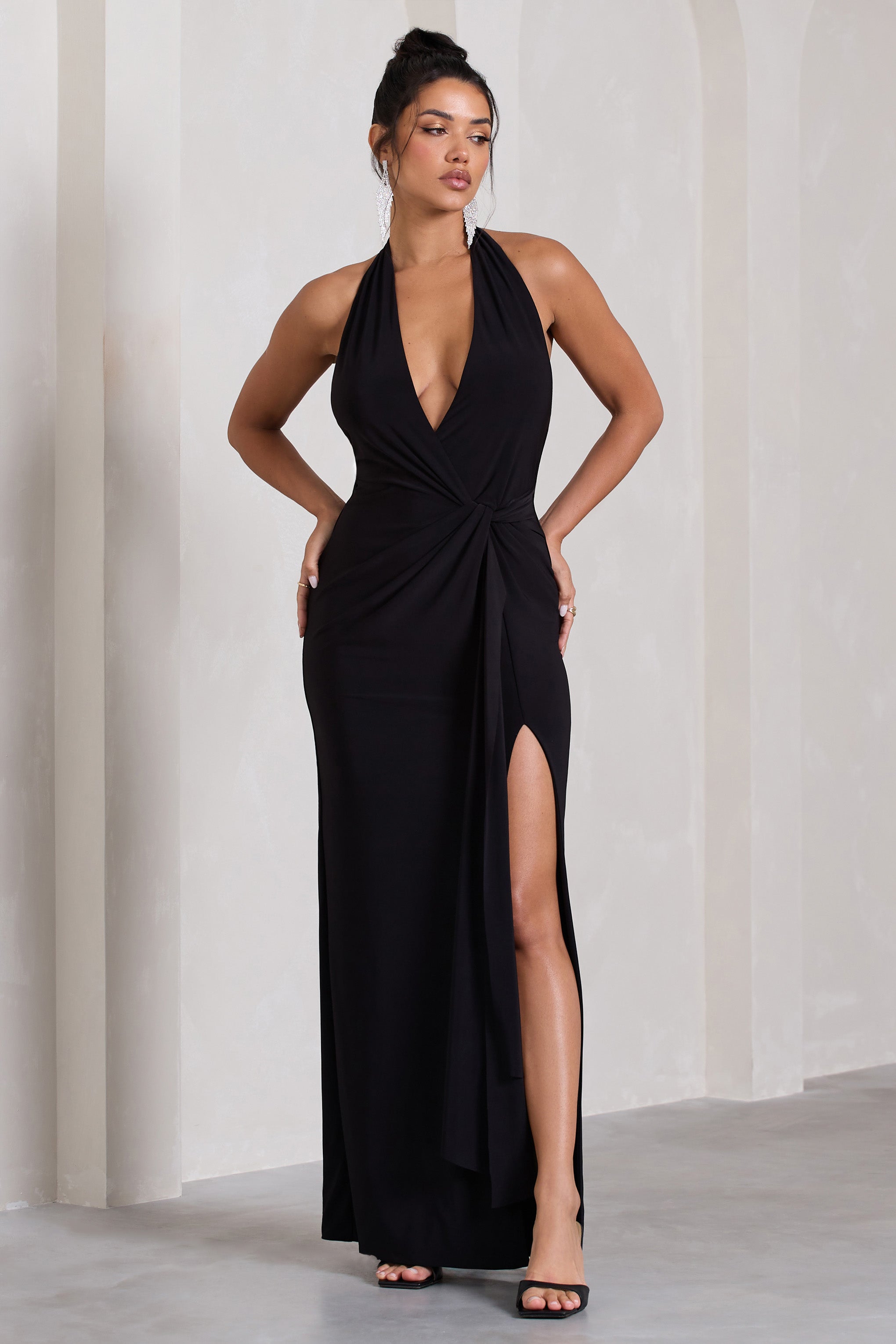 Tabloid Talk Black Plunge Halter-Neck Maxi Dress With Twisted Drape