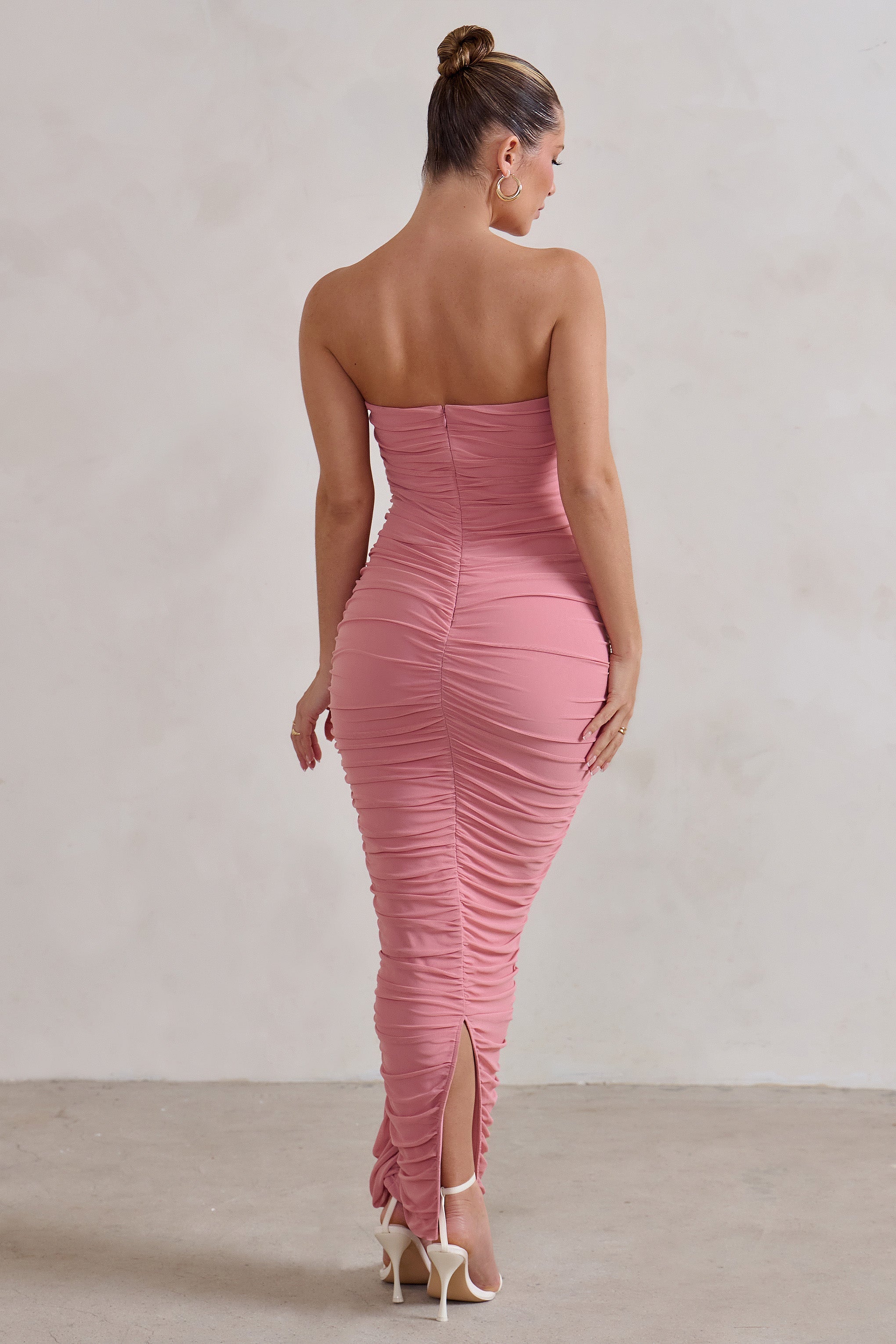 My Lady Powder Pink Strapless Bodycon Ruched Mesh Maxi Dress